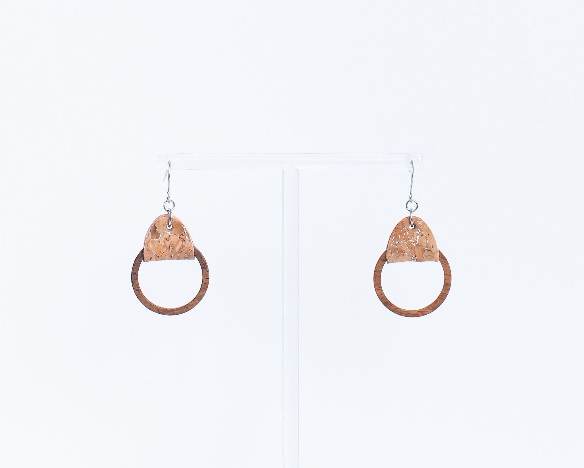 Cork Earrings-Wood Hoop w/Silvered cork