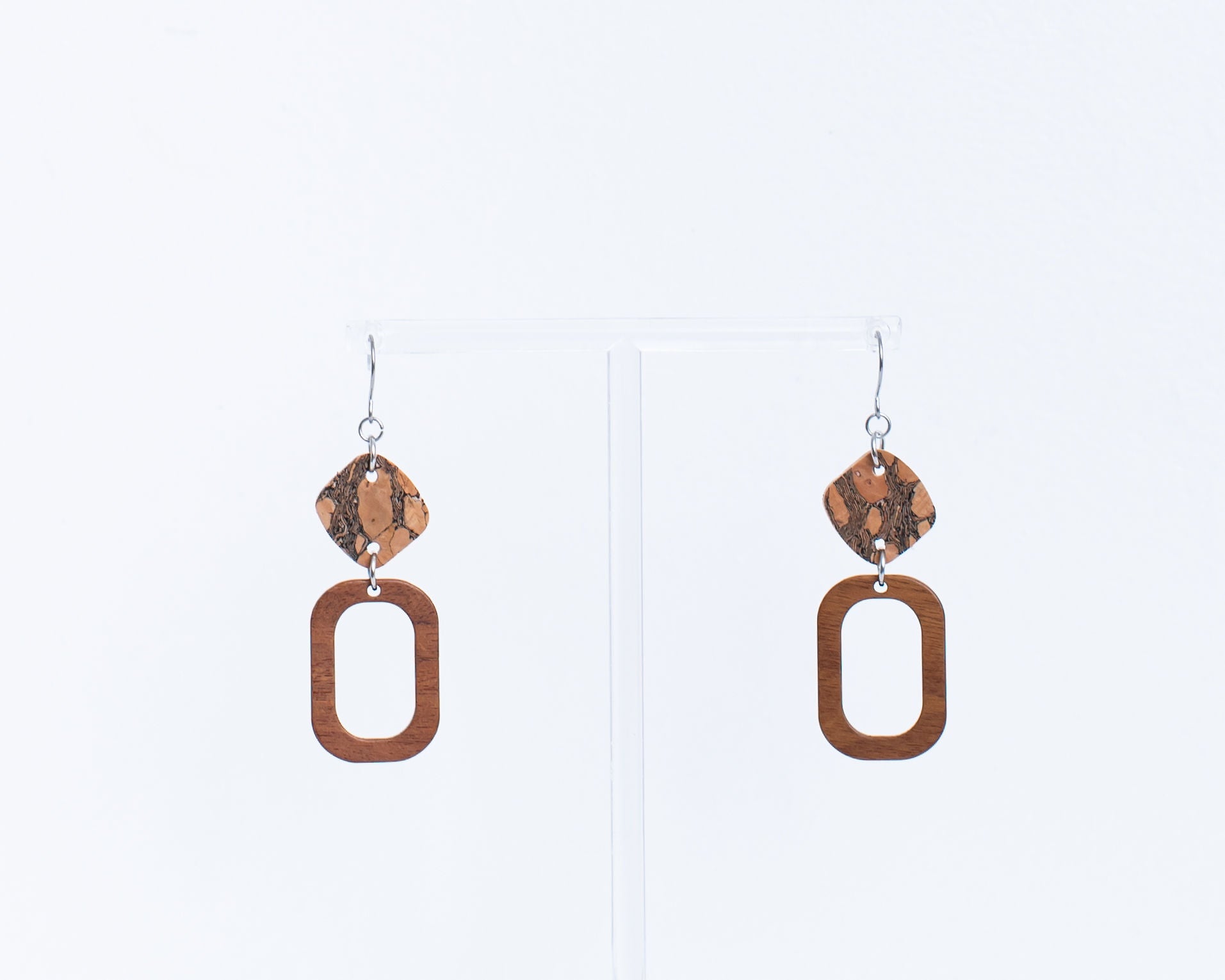 Cork Earrings-Wood w/Marbled cork Diamond