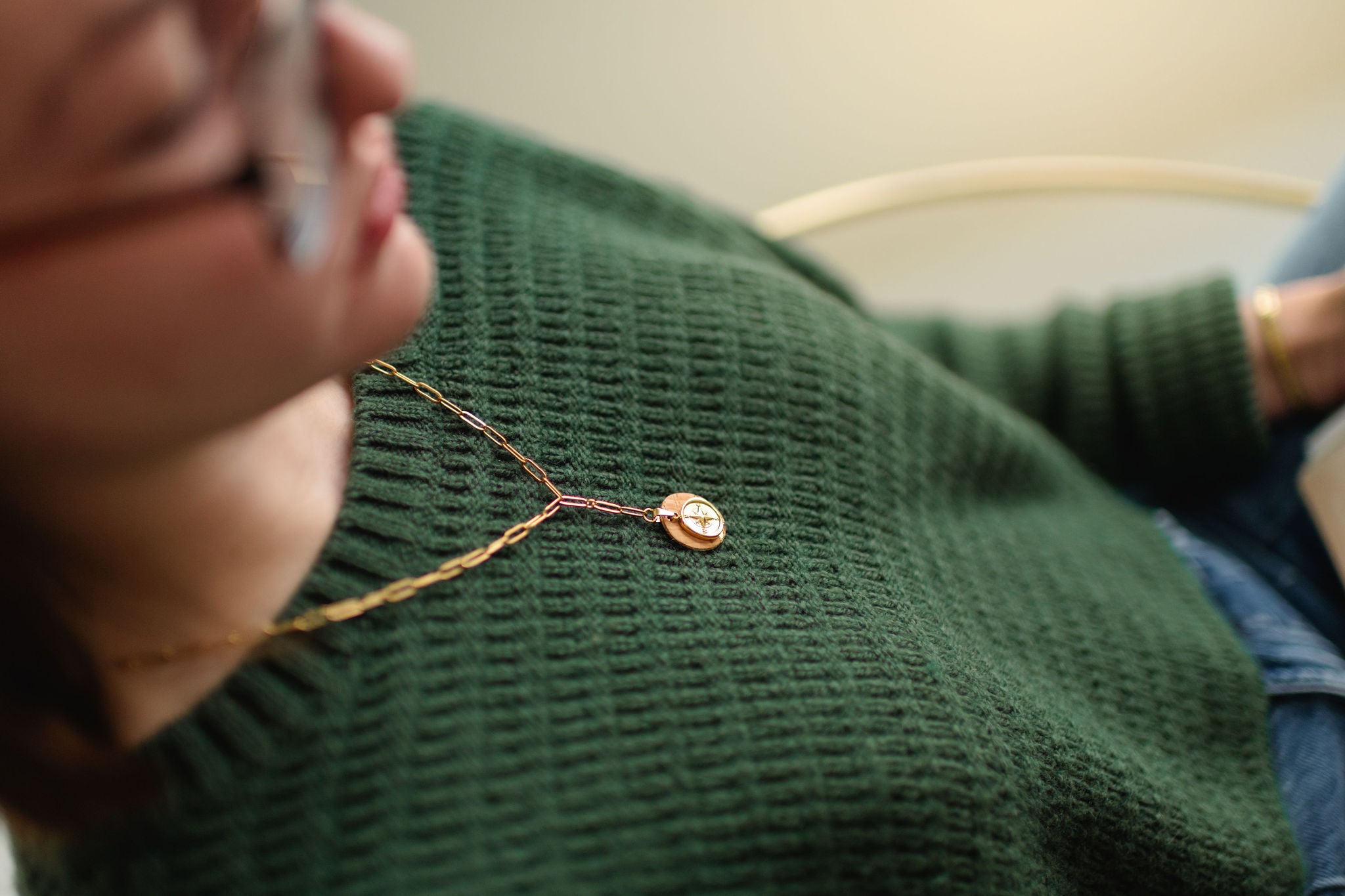 Cork Necklace-Paperclip Drop w/Gold Compass Charm