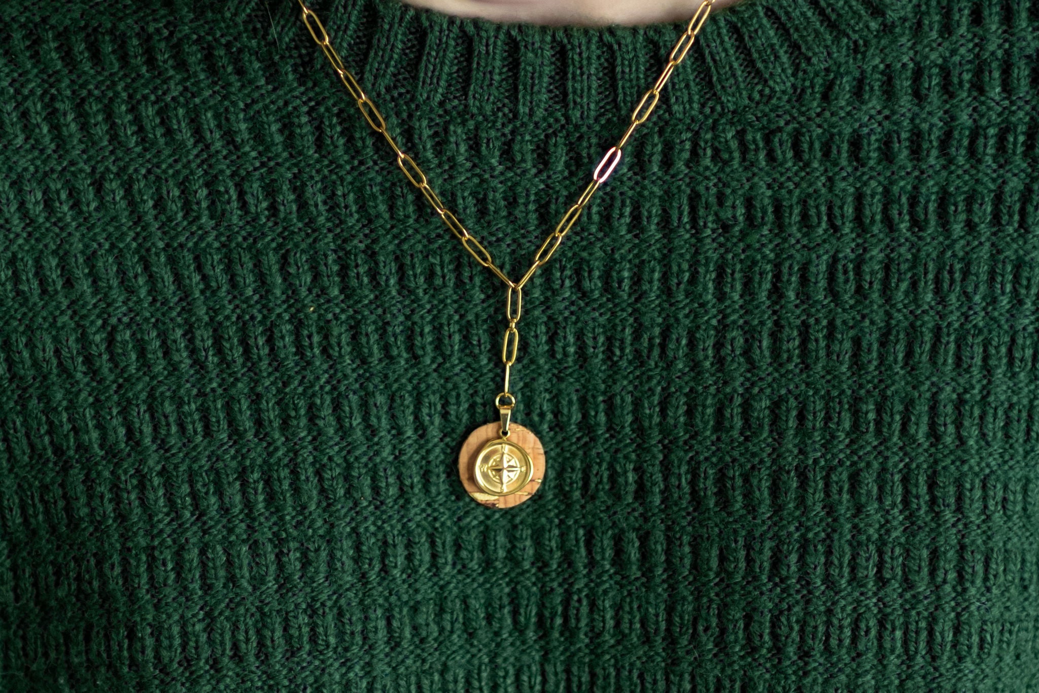Cork Necklace-Paperclip Drop w/Gold Compass Charm