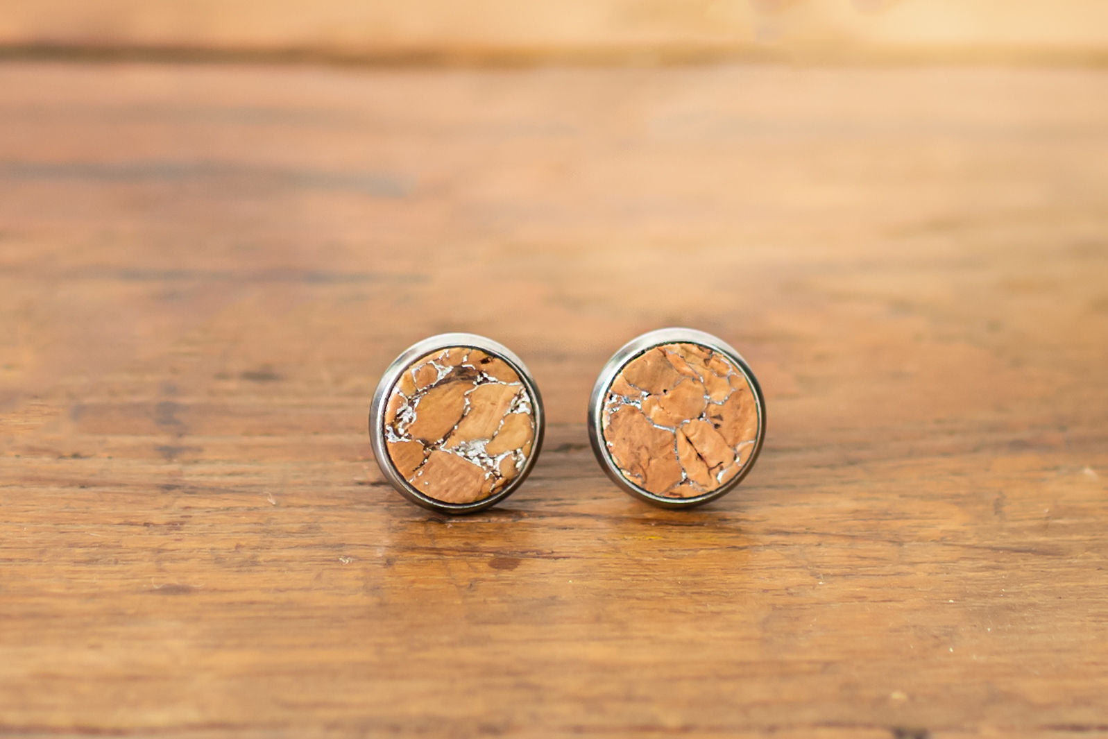 Cork Earrings - Round Stud Silvered