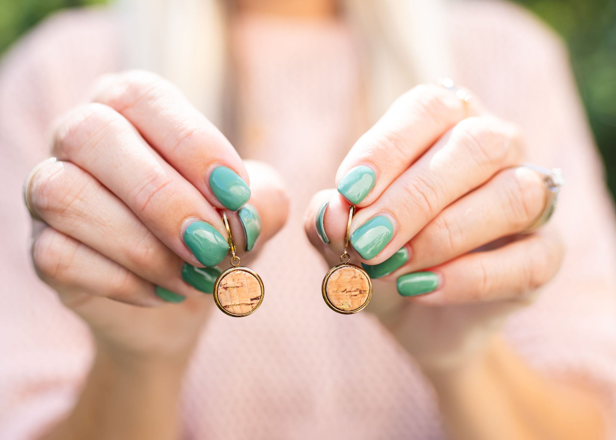 Cork Earrings-Round Dangle w/Natural Cork and Gold Accents