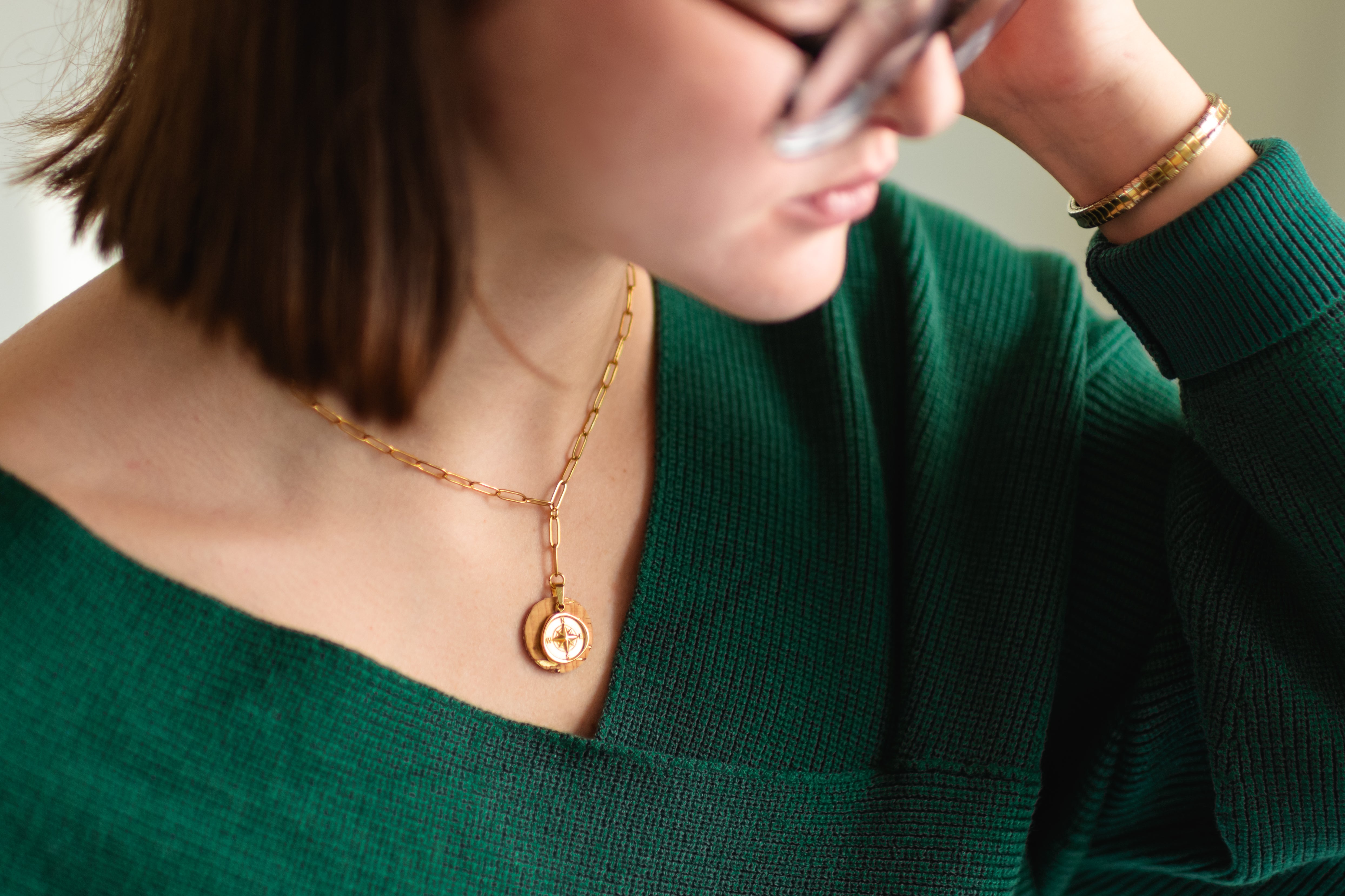 Cork Necklace-Paperclip Drop w/Gold Compass Charm