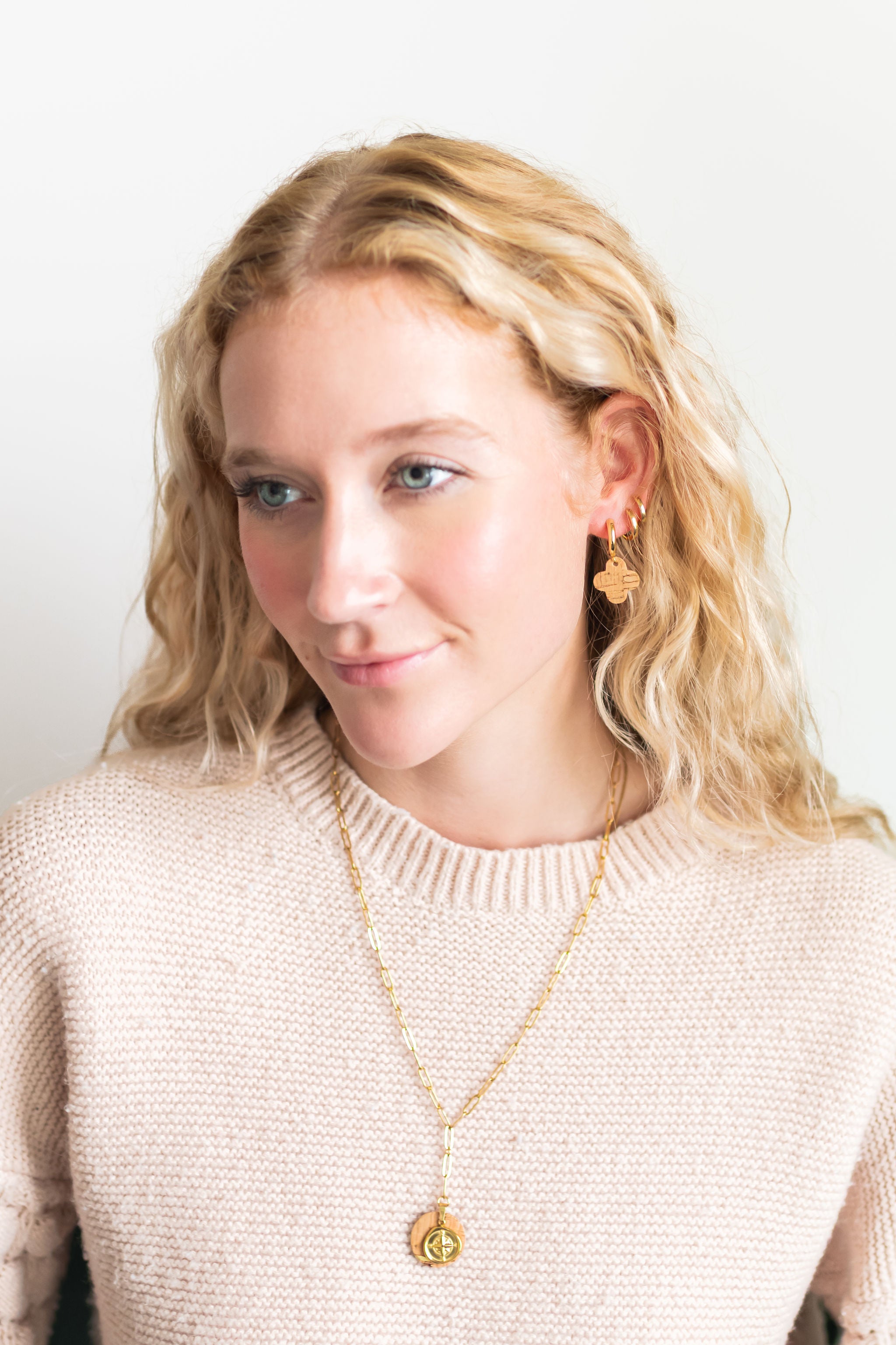 Cork Earrings-Clover Dangle Huggie w/Natural Cork