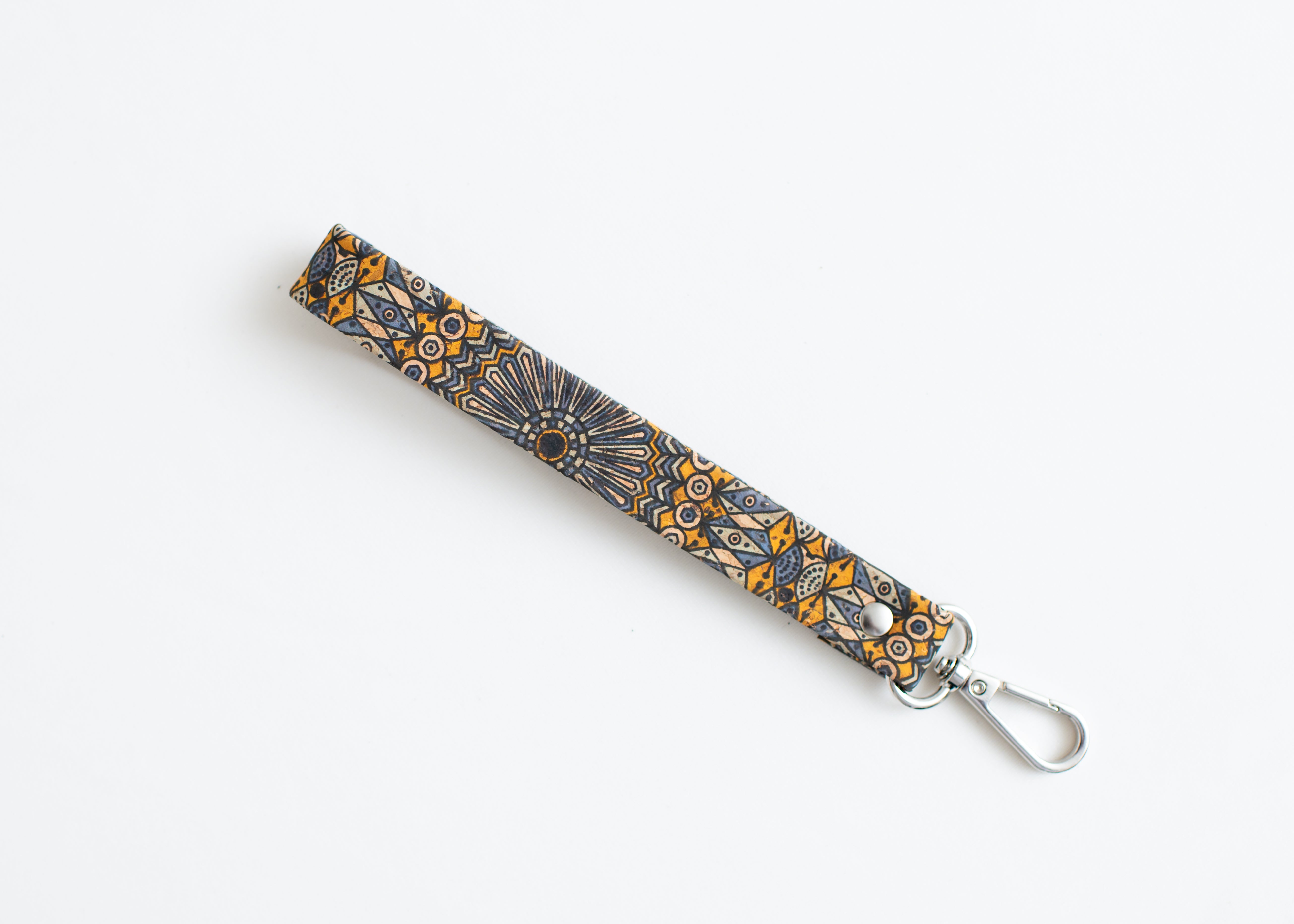 Cork Phone Wristlet Strap w/tether tab attachment--Blue & Yellow Pattern