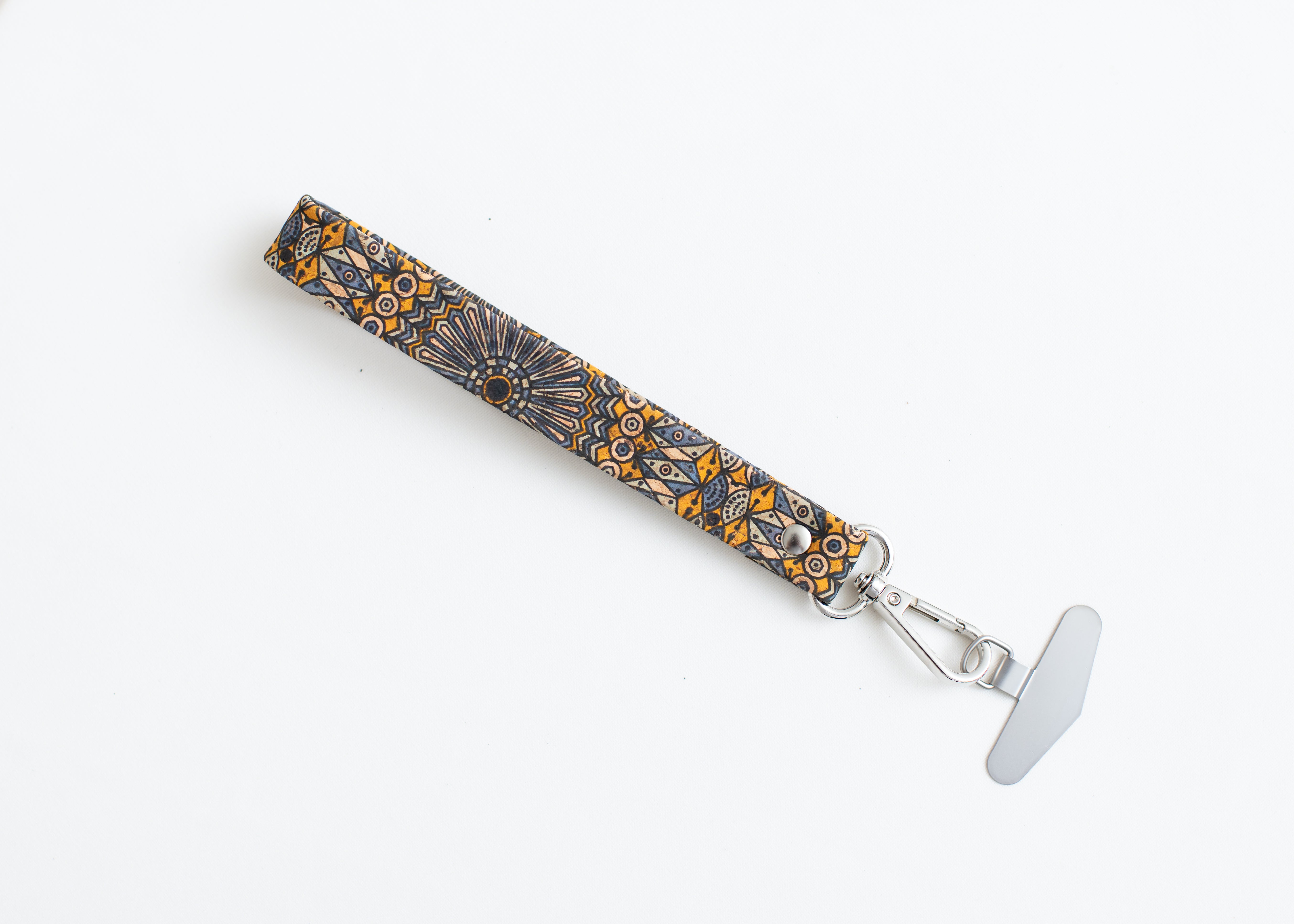 Cork Phone Wristlet Strap w/tether tab attachment--Blue & Yellow Pattern