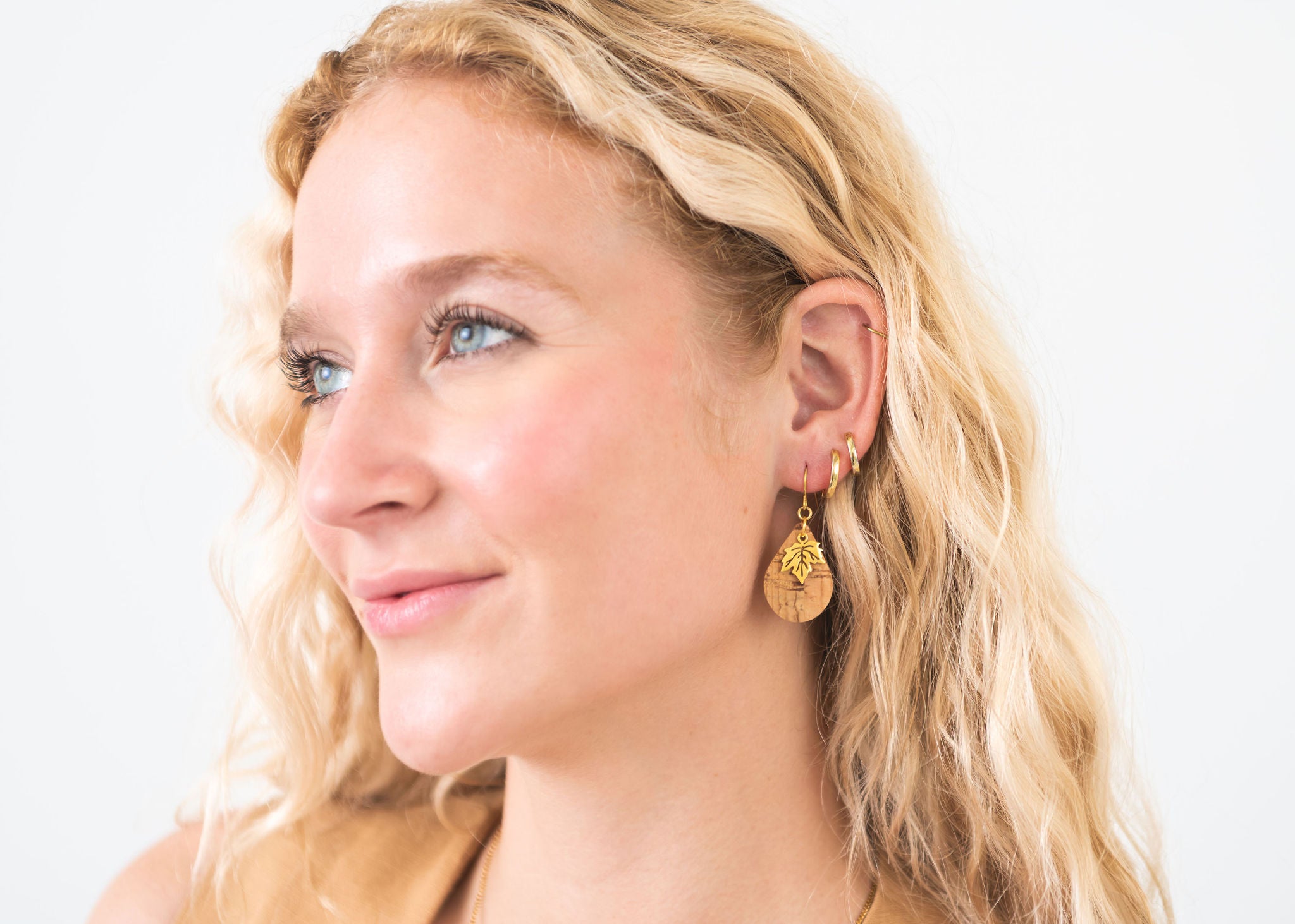 Cork Earrings - Small Teardrop W/ Gold Leaf Charm