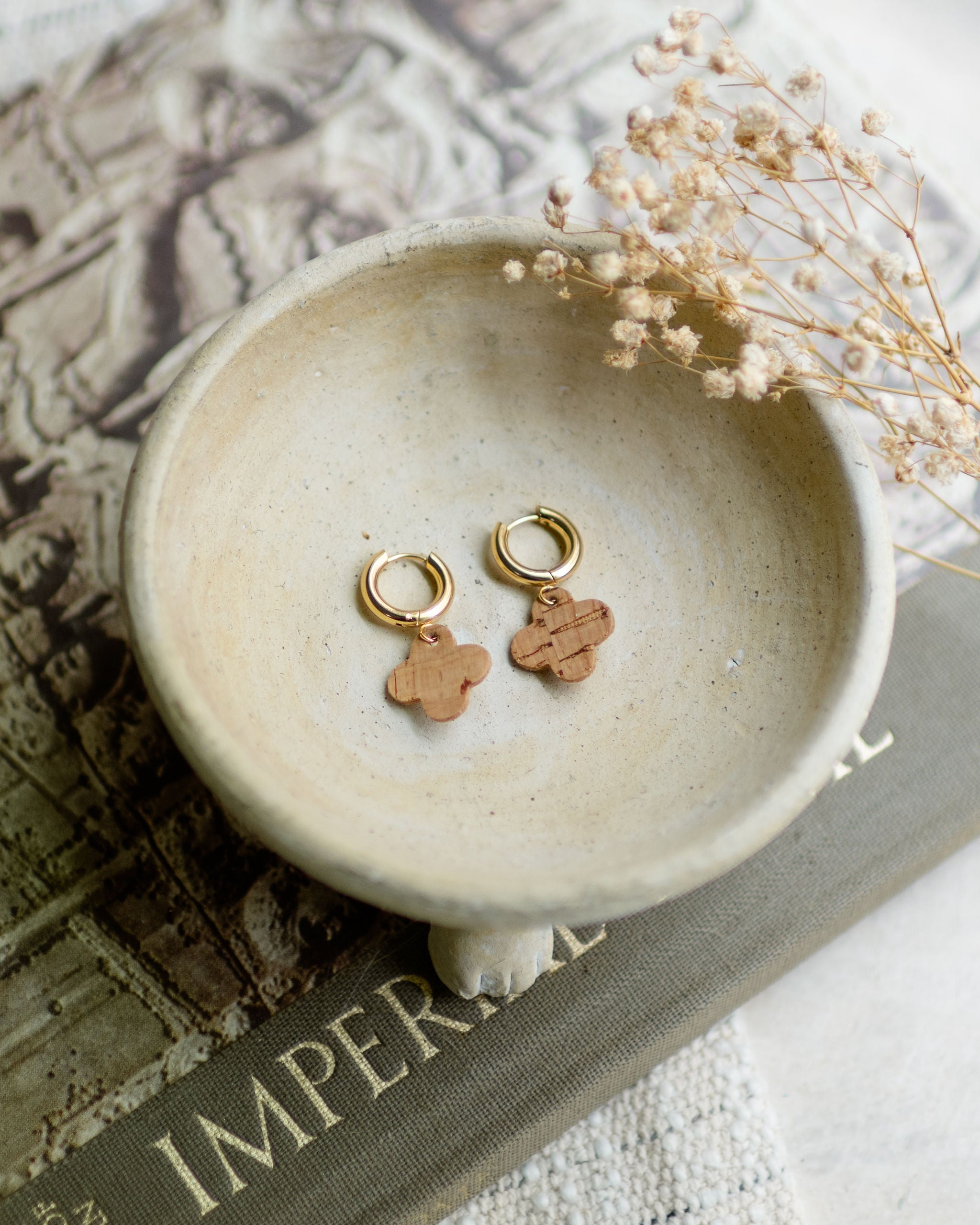Cork Earrings-Clover Dangle Huggie w/Natural Cork