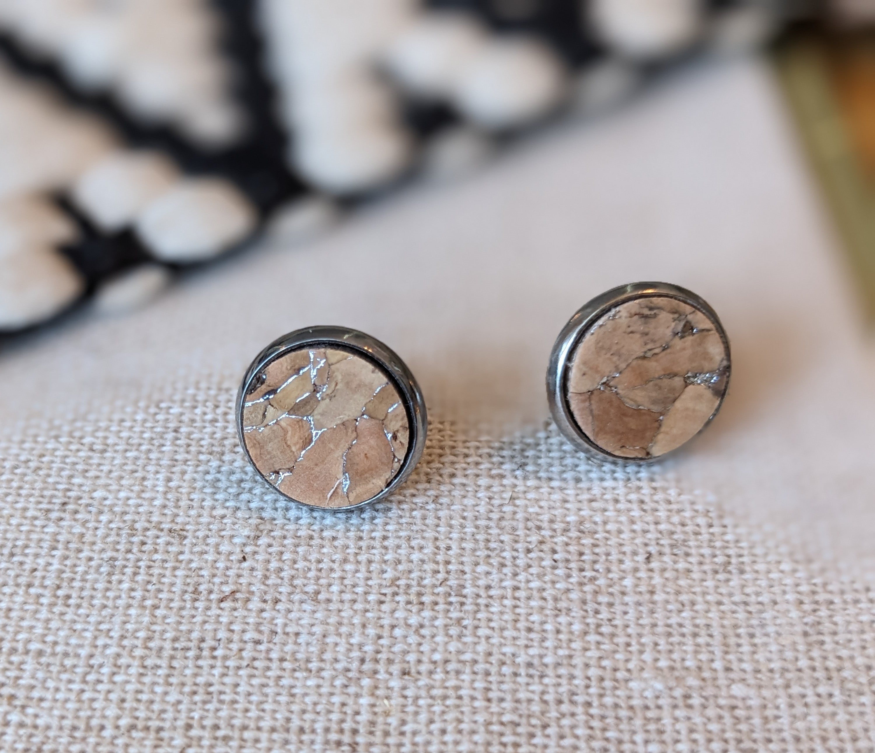 Cork Earrings - Round Stud Silvered