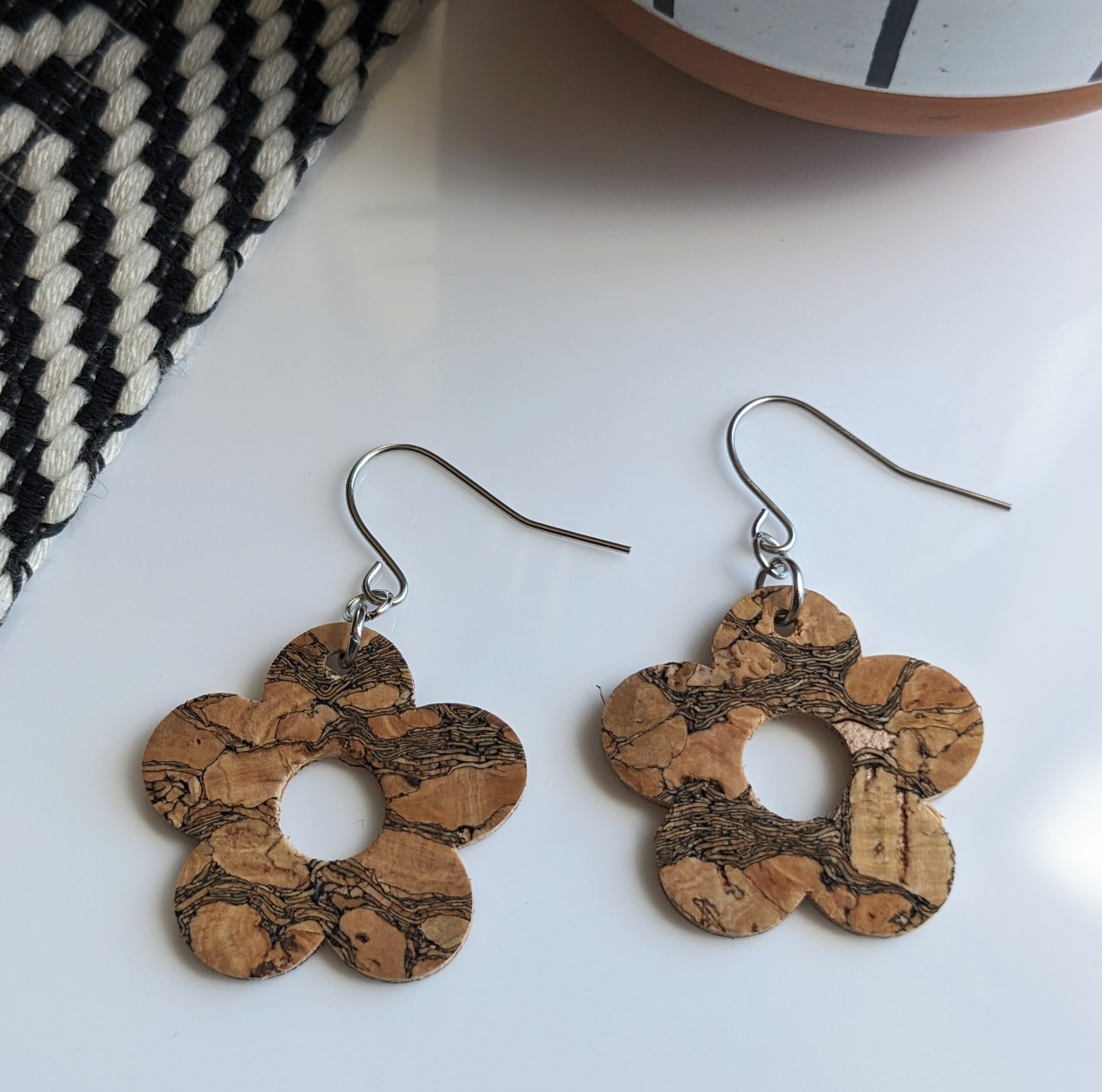 Cork Earrings-Marbled Cork Flower