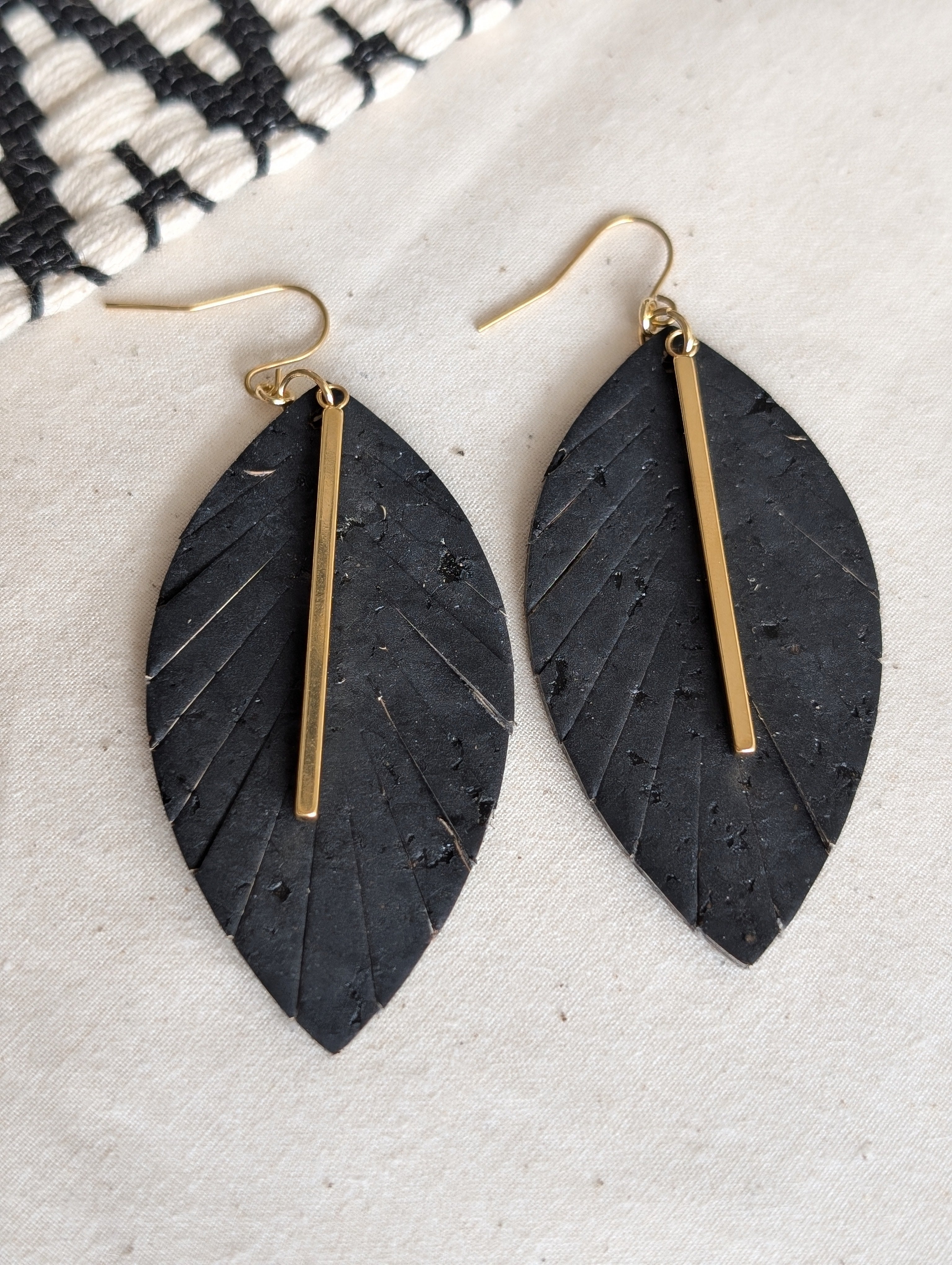 Cork Earrings - Fringe Black W/ Gold Bar