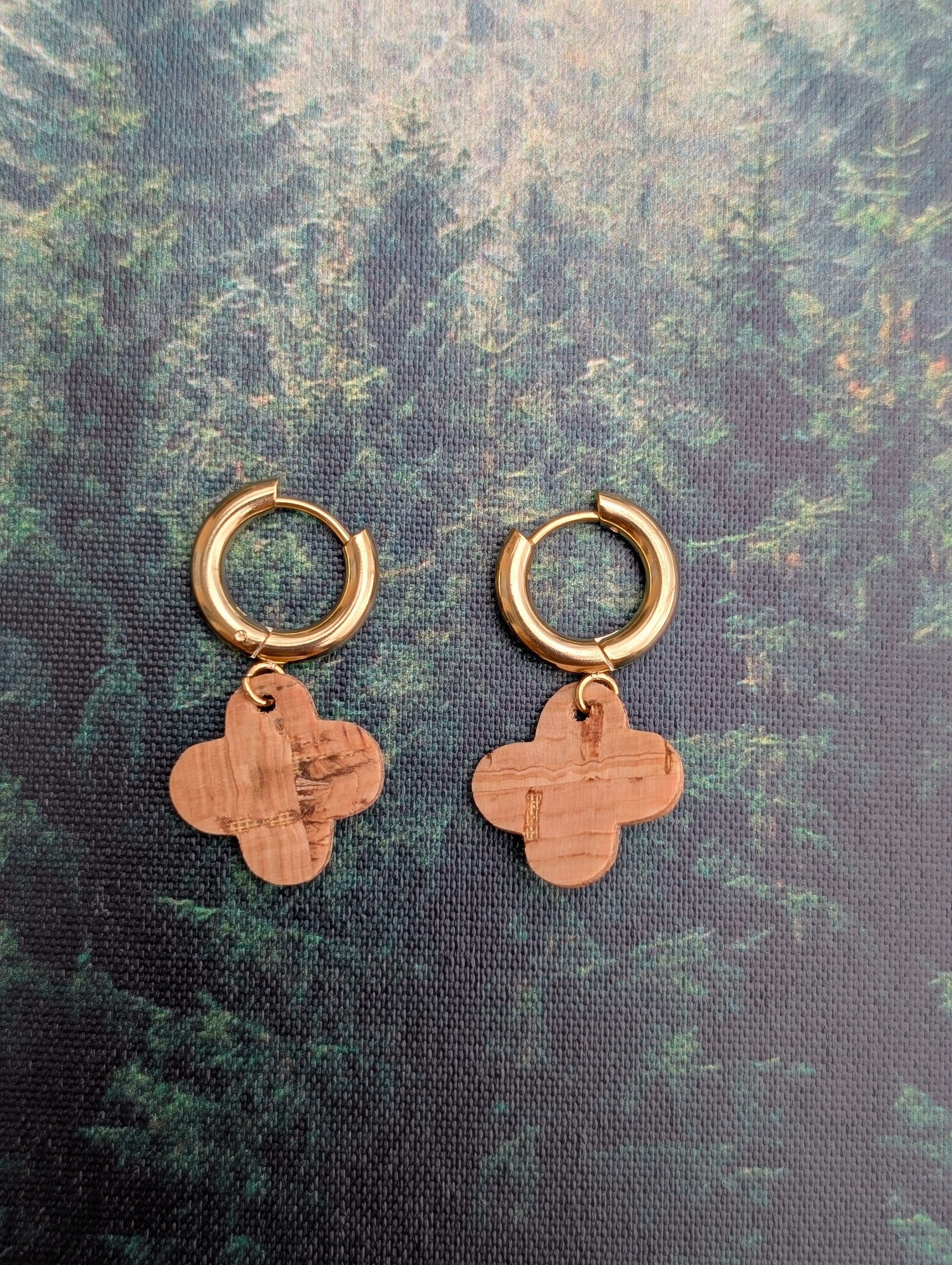Cork Earrings-Clover Dangle Huggie w/Natural Cork