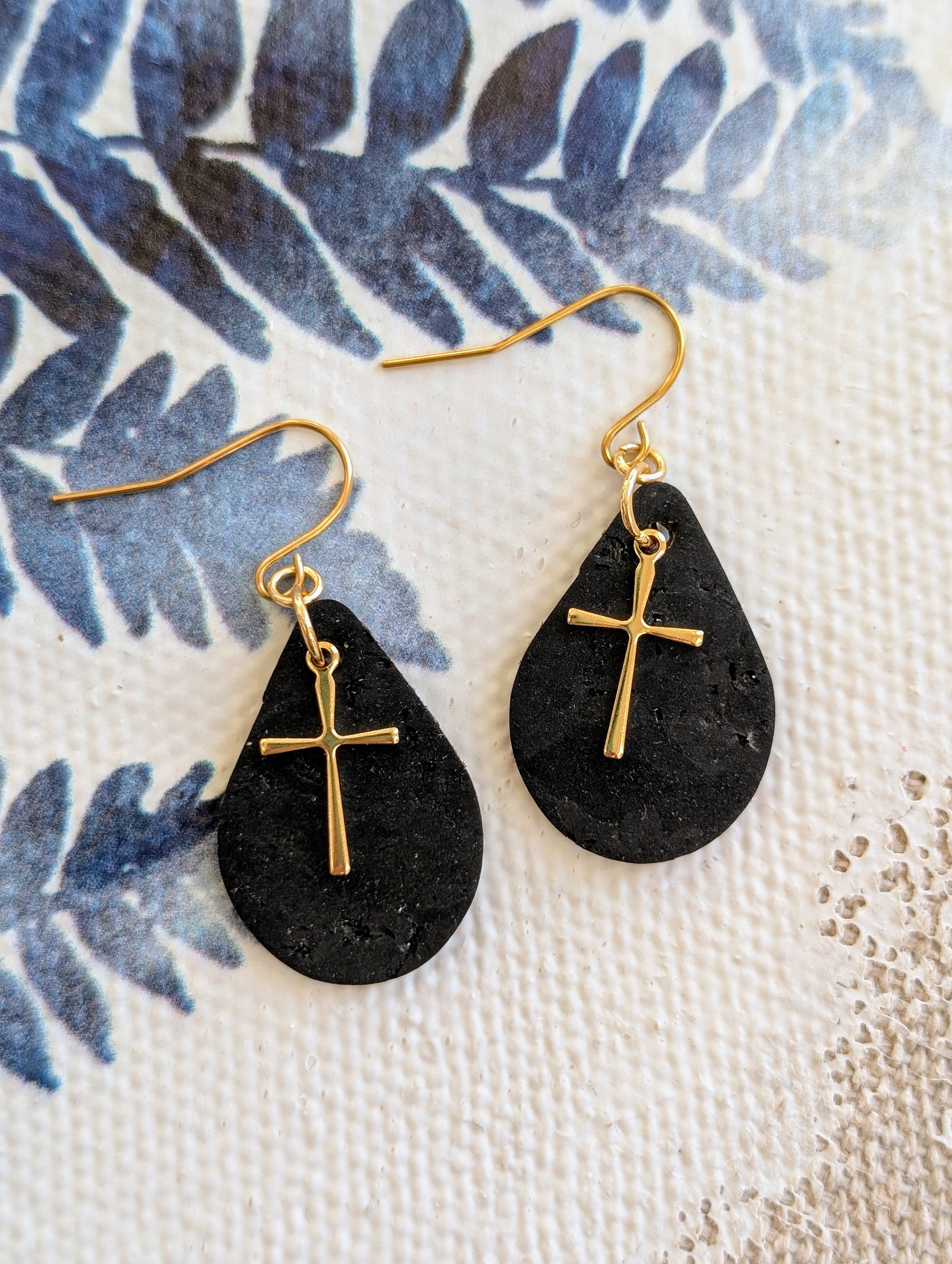 Cork Earrings - Small Teardrop W/ Cross Charm