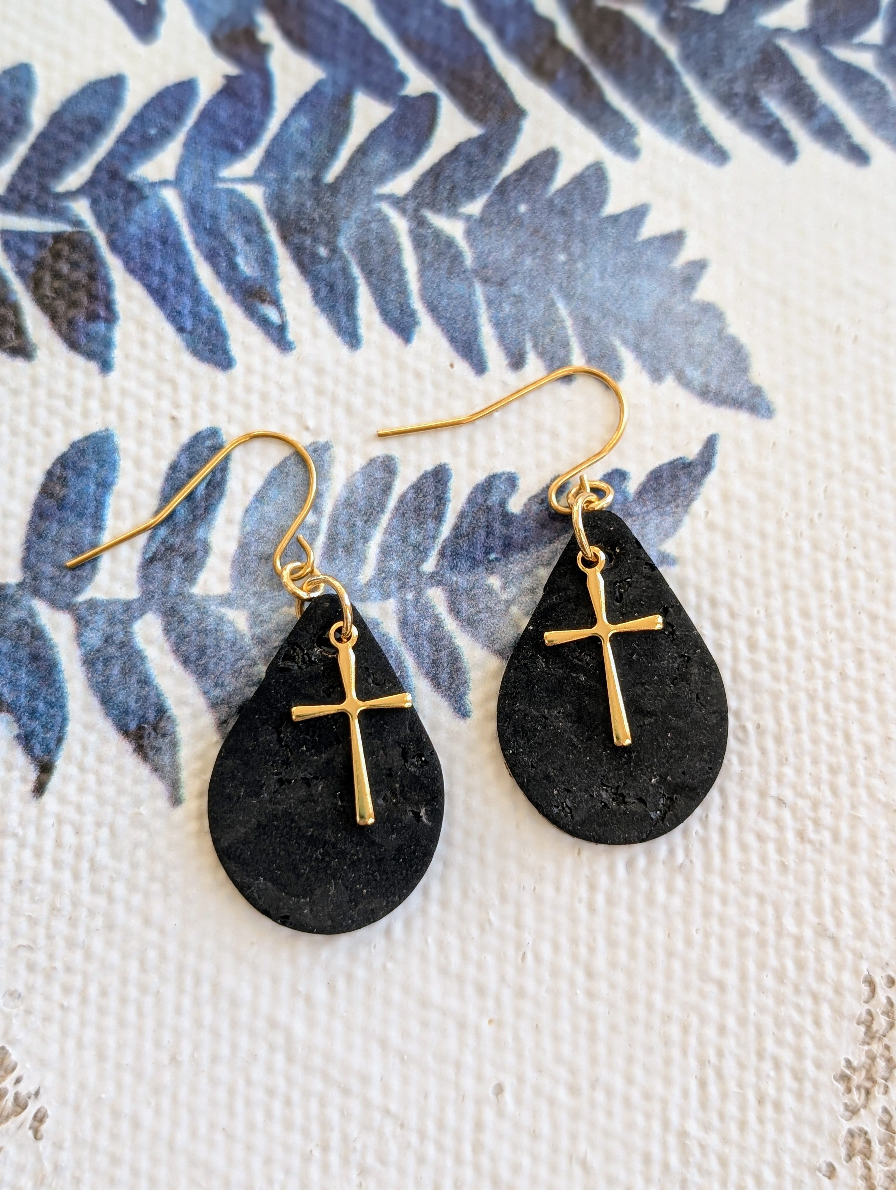 Cork Earrings - Small Teardrop W/ Cross Charm