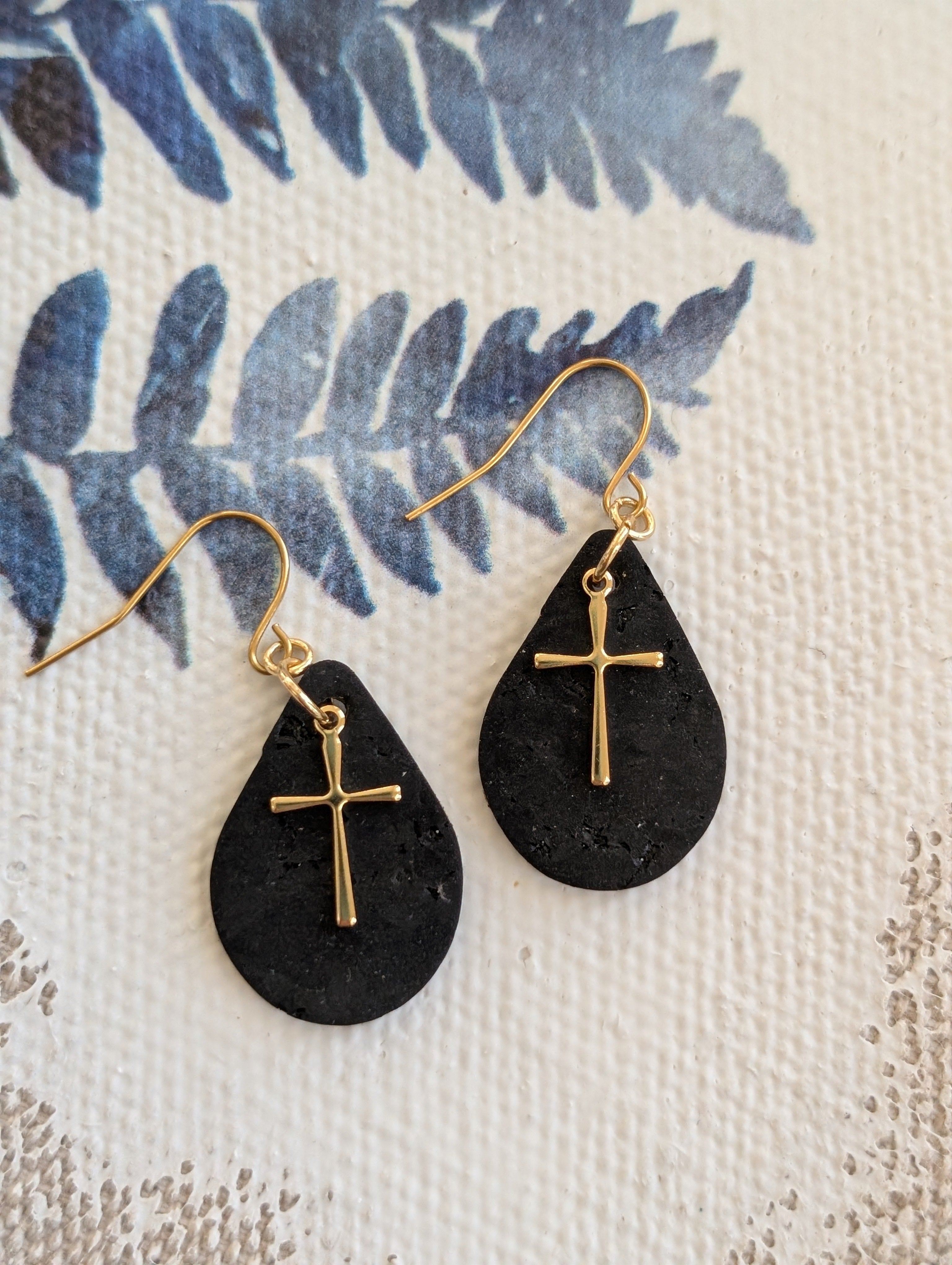 Cork Earrings - Small Teardrop W/ Cross Charm