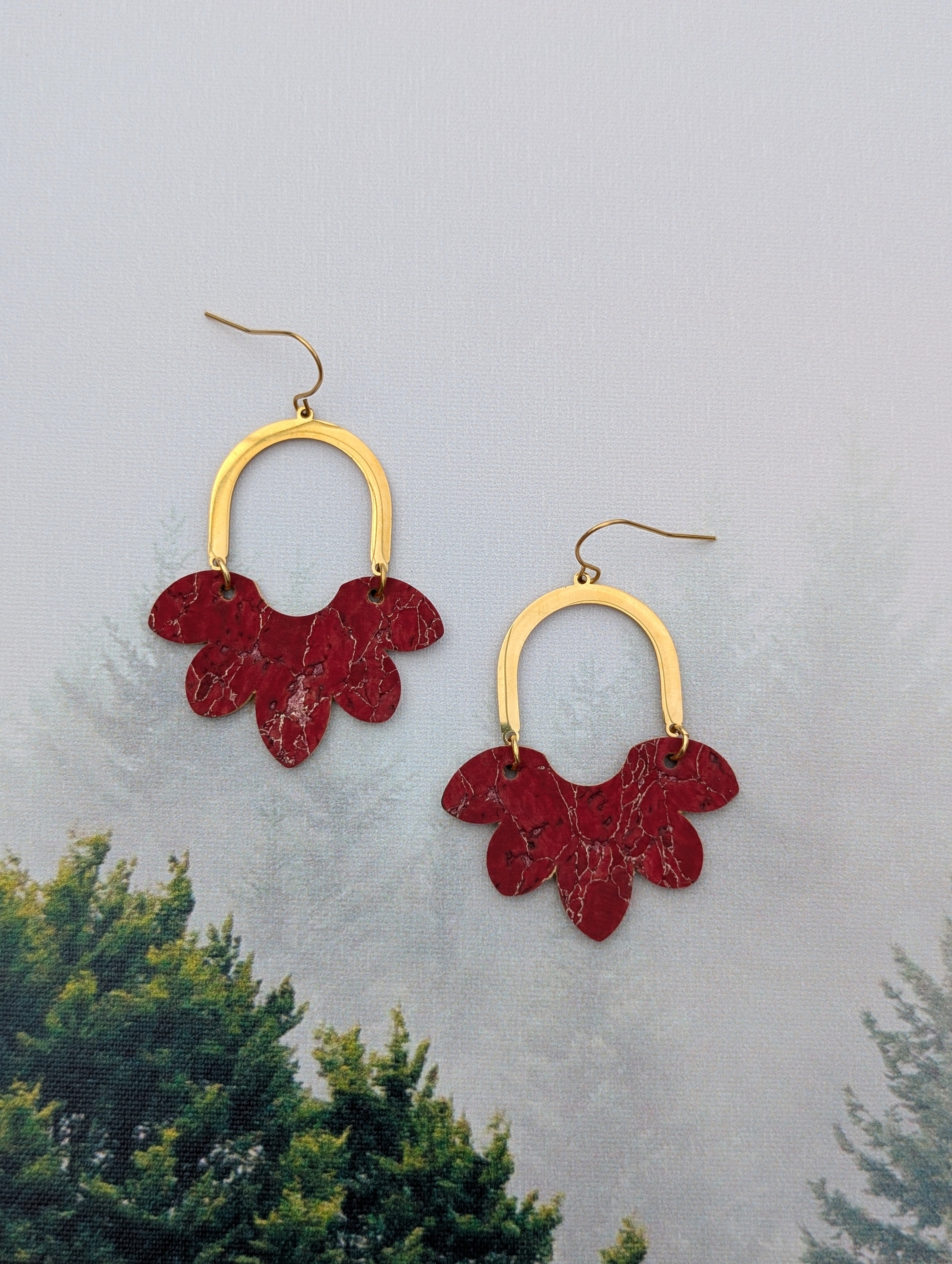 Cork Earrings-Split Flower Red