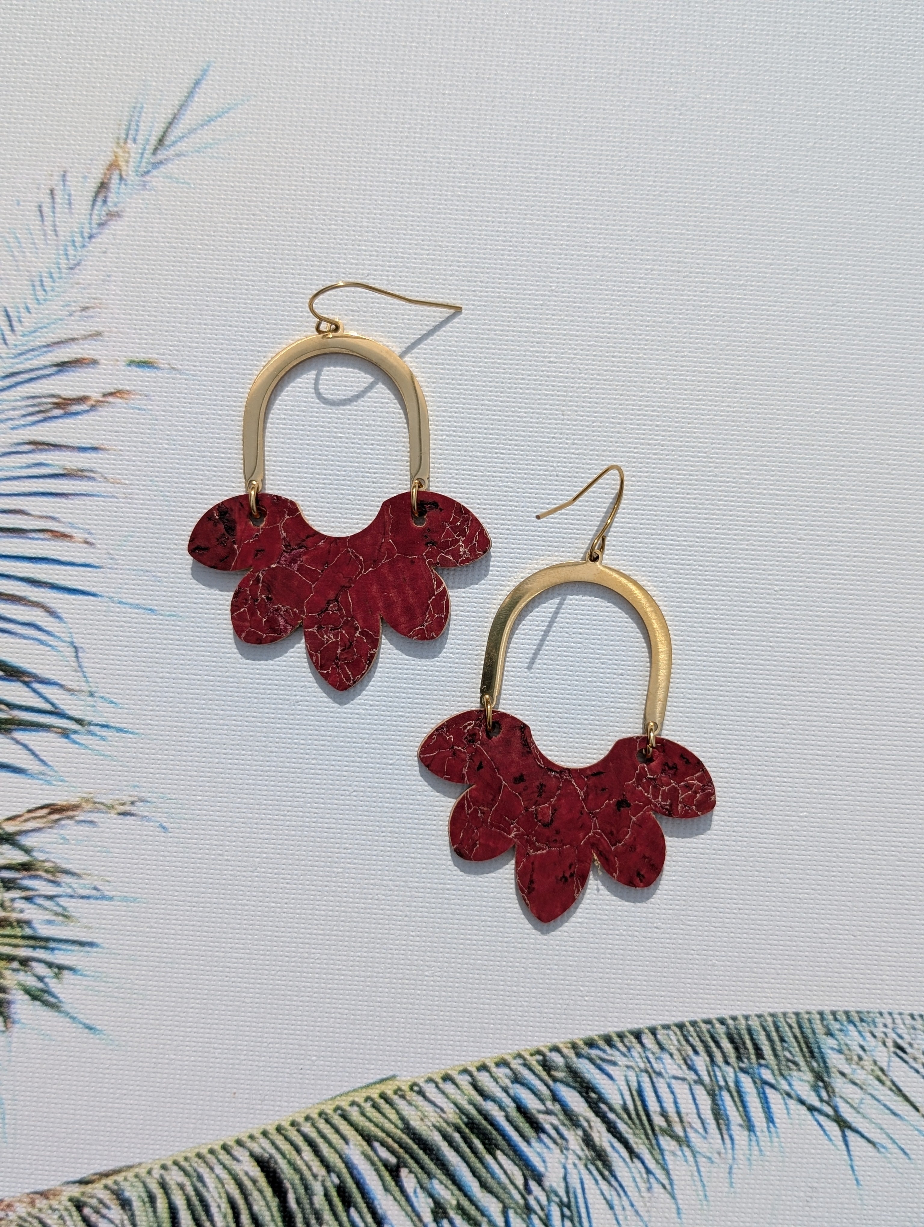 Cork Earrings-Split Flower Red