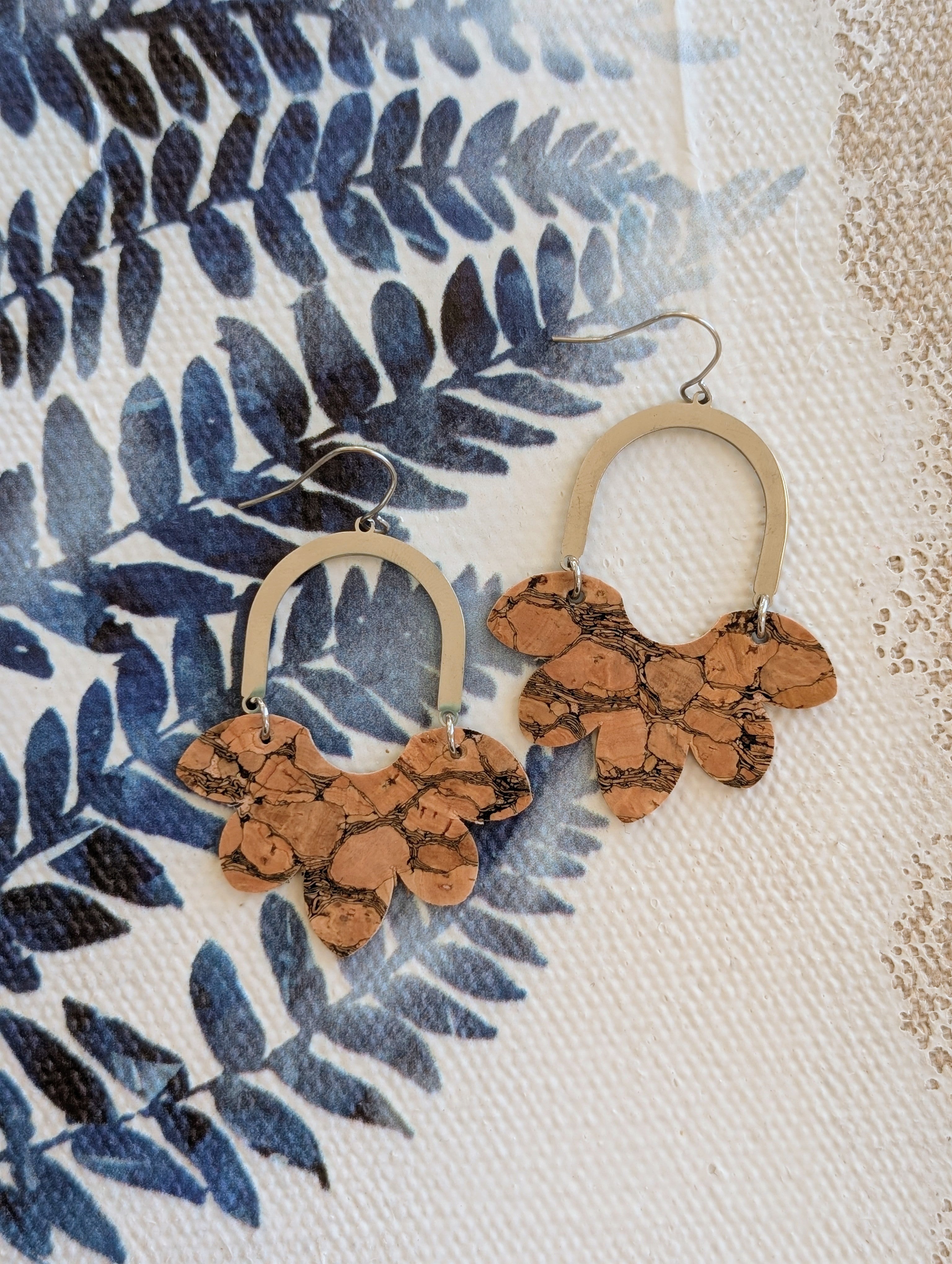 Cork Earrings-Split Flower Marbled