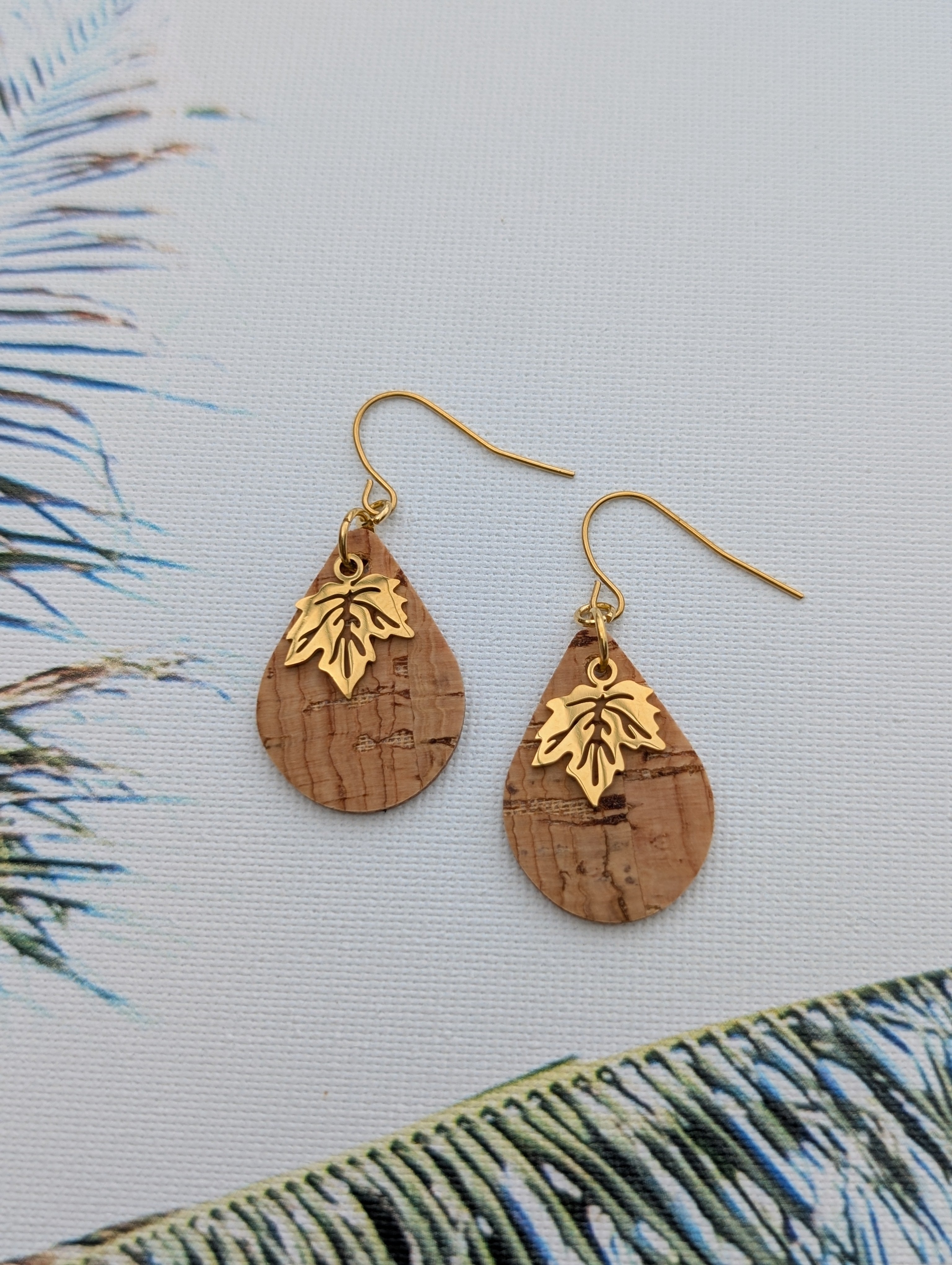 Cork Earrings - Small Teardrop W/ Gold Leaf Charm