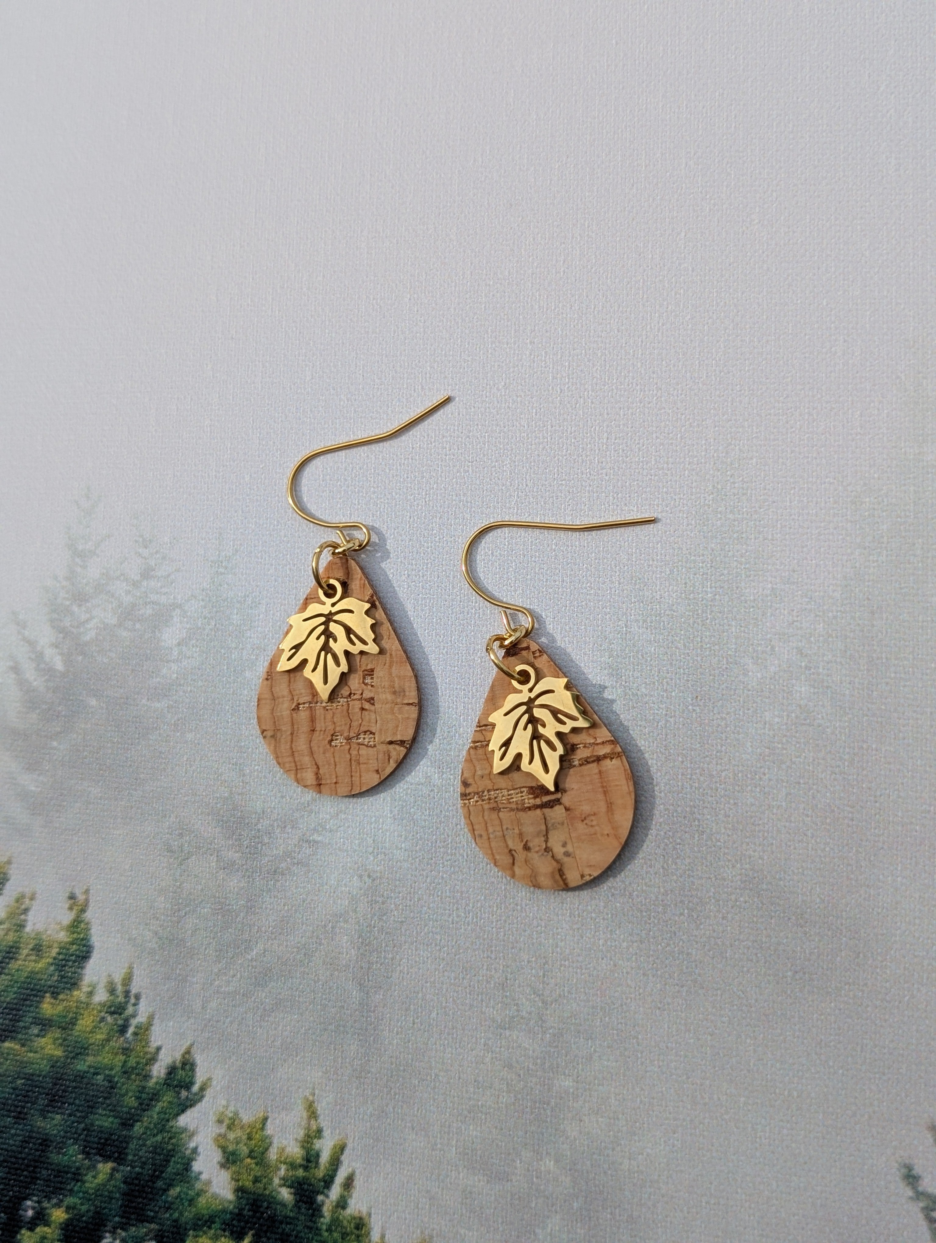 Cork Earrings - Small Teardrop W/ Gold Leaf Charm