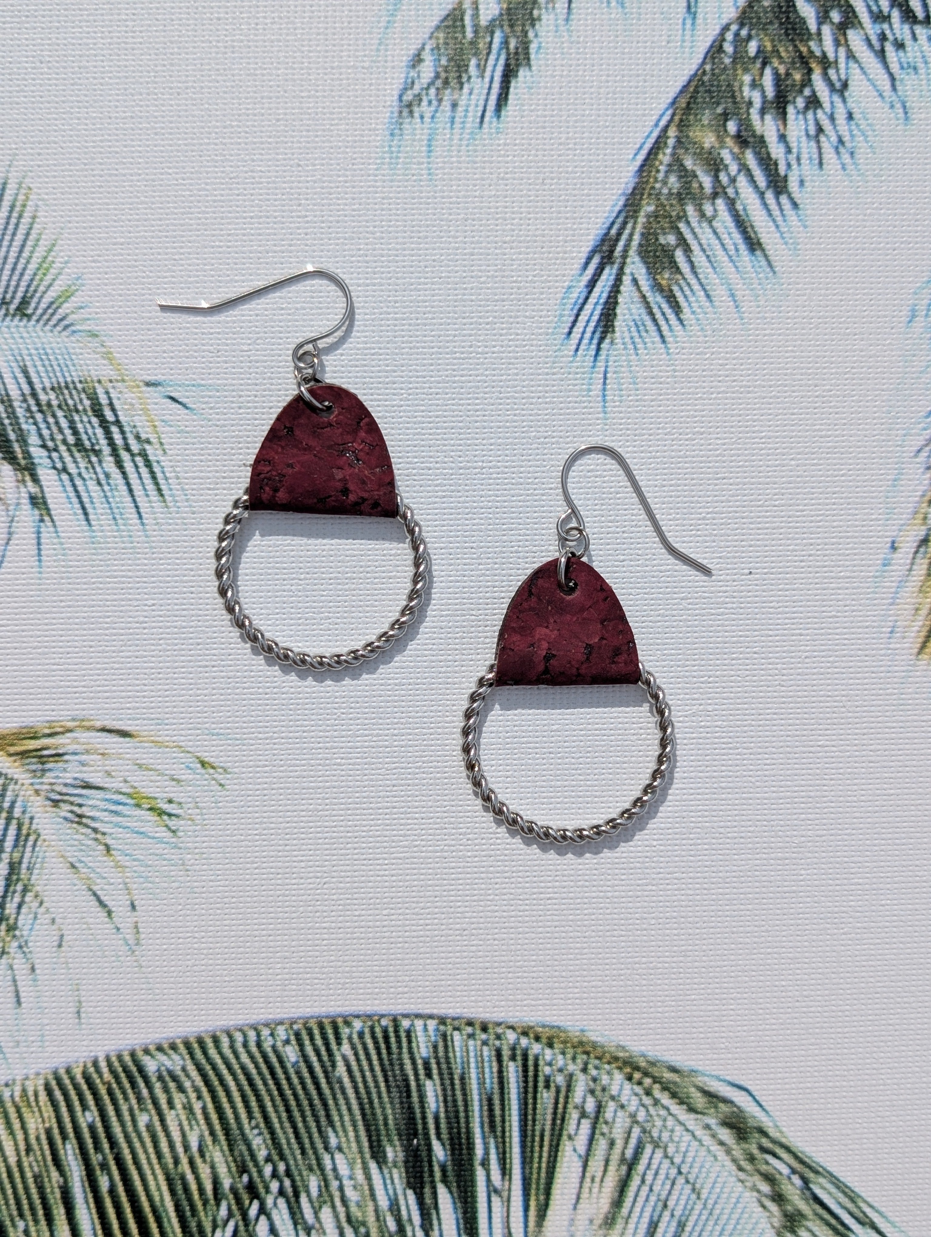 Cork Earrings-Twisted Hoop w/Maroon Cork Fabric