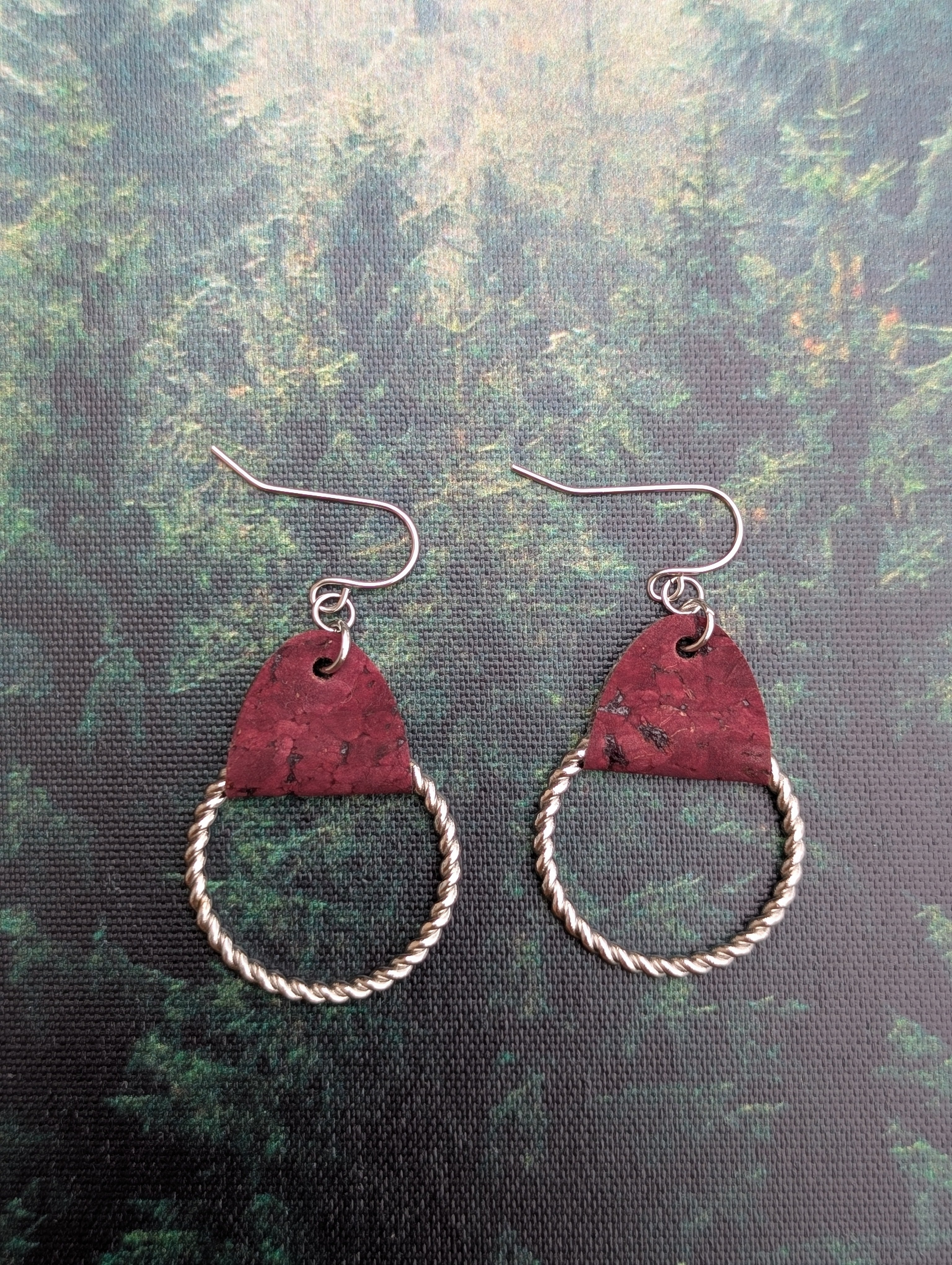 Cork Earrings-Twisted Hoop w/Maroon Cork Fabric