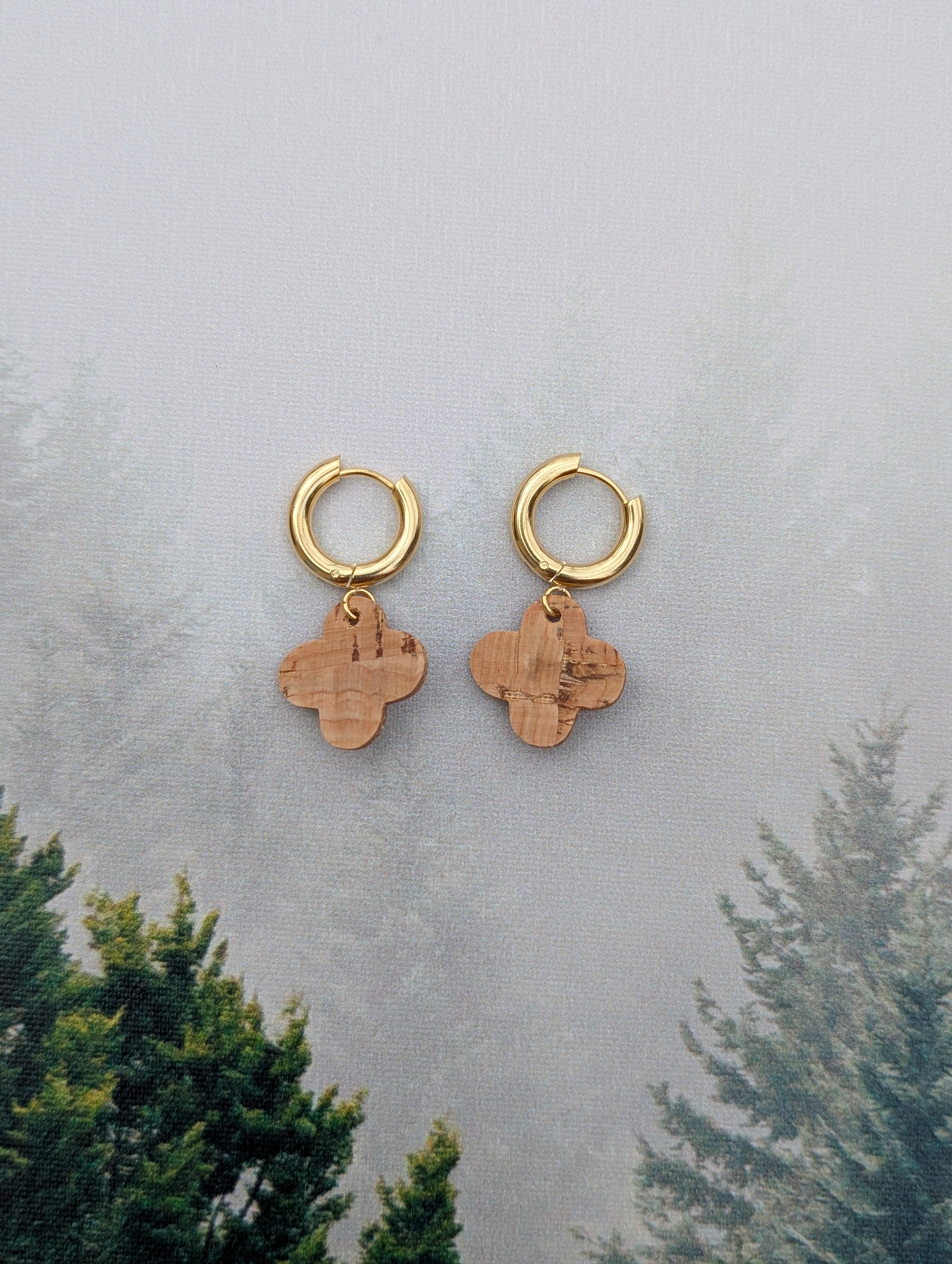 Cork Earrings-Clover Dangle Huggie w/Natural Cork