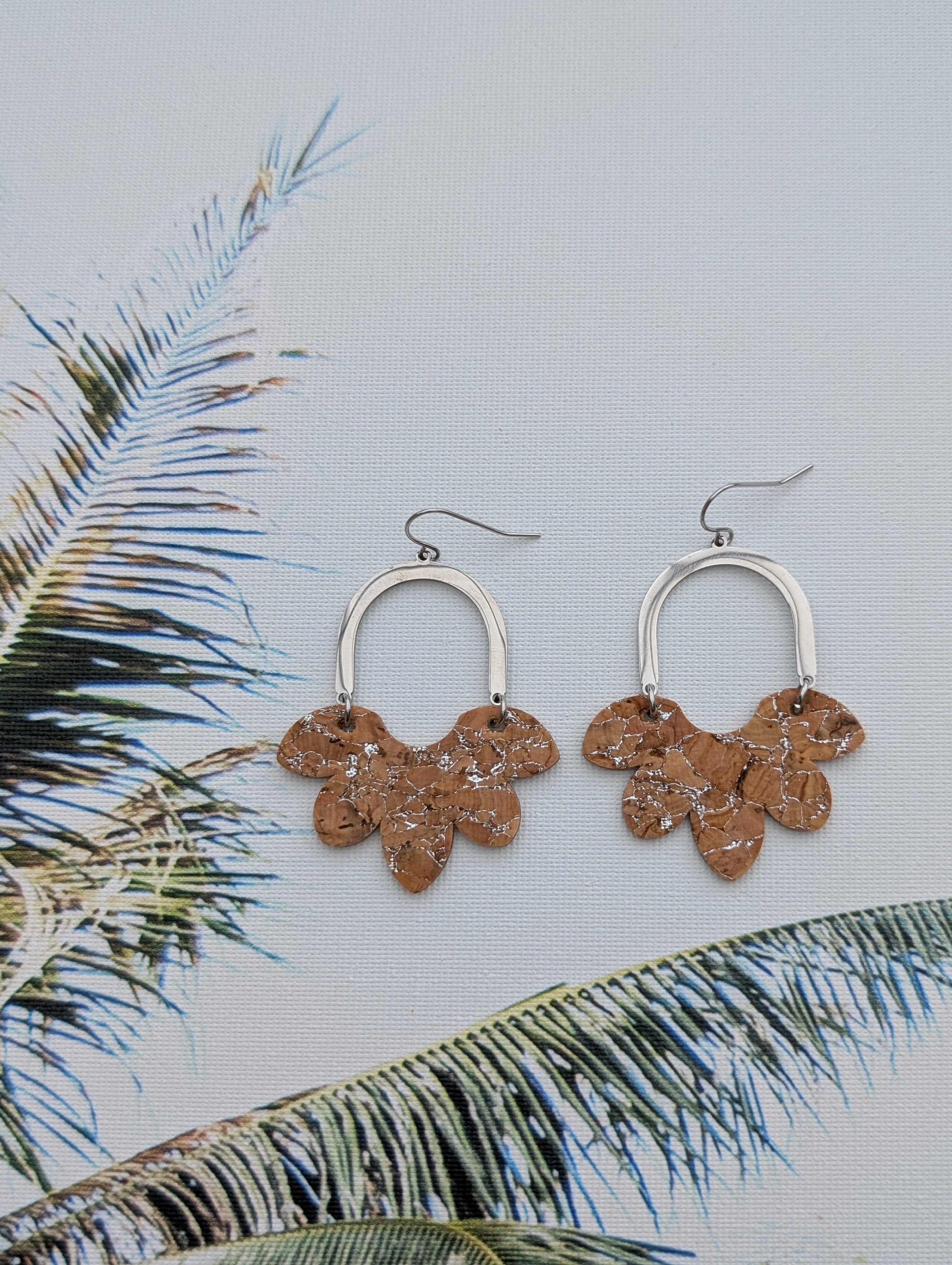 Cork Earrings-Split Flower Silvered