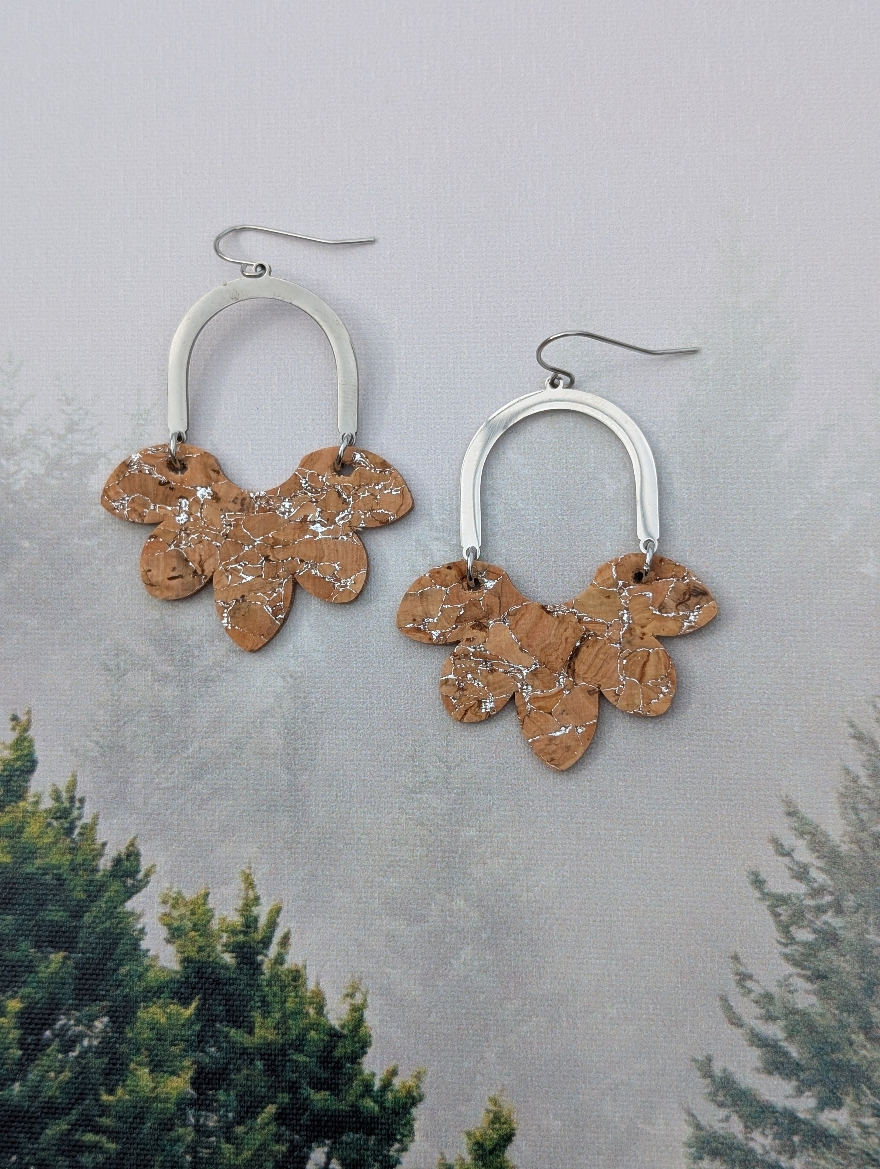 Cork Earrings-Split Flower Silvered