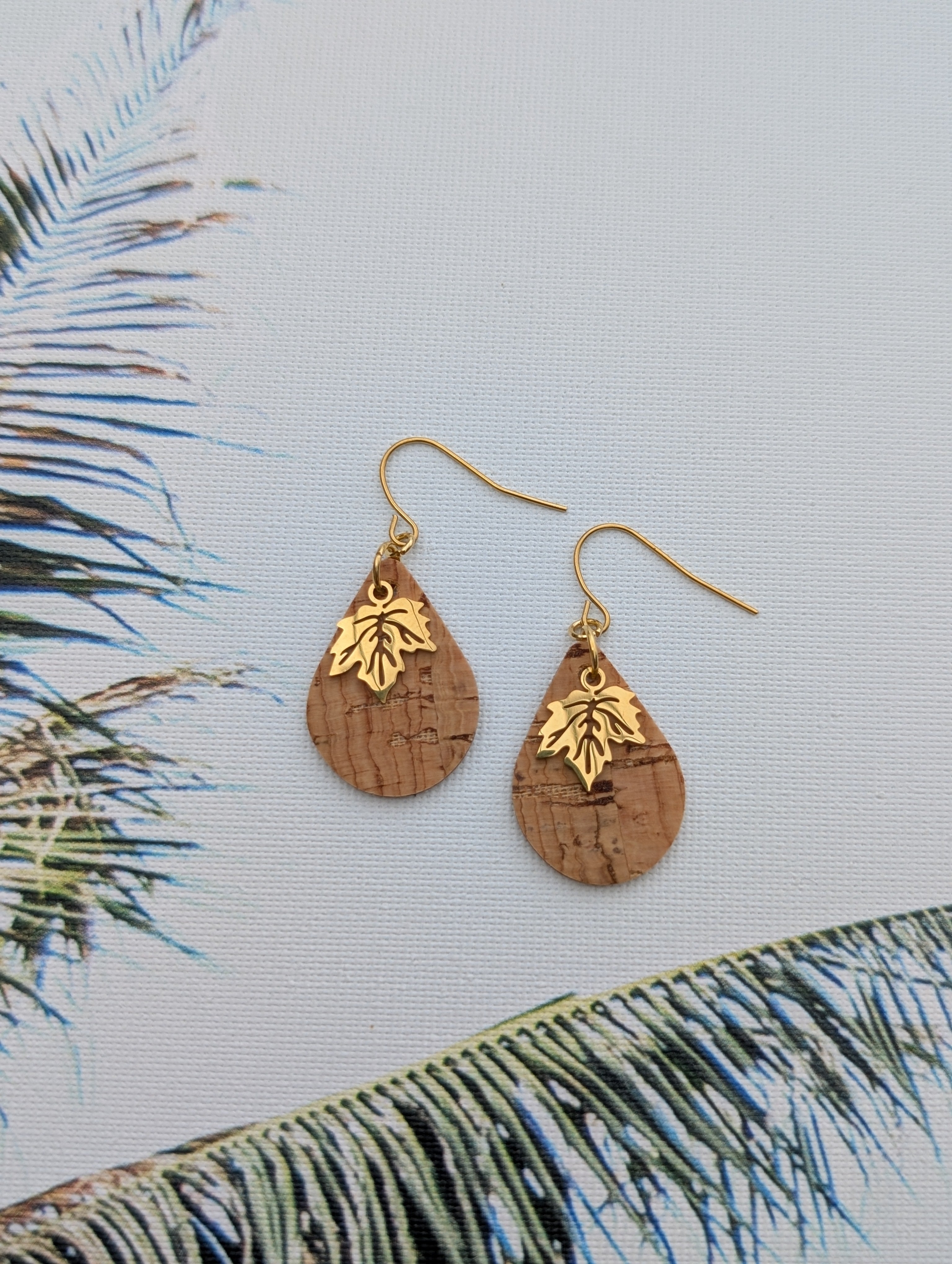 Cork Earrings - Small Teardrop W/ Gold Leaf Charm