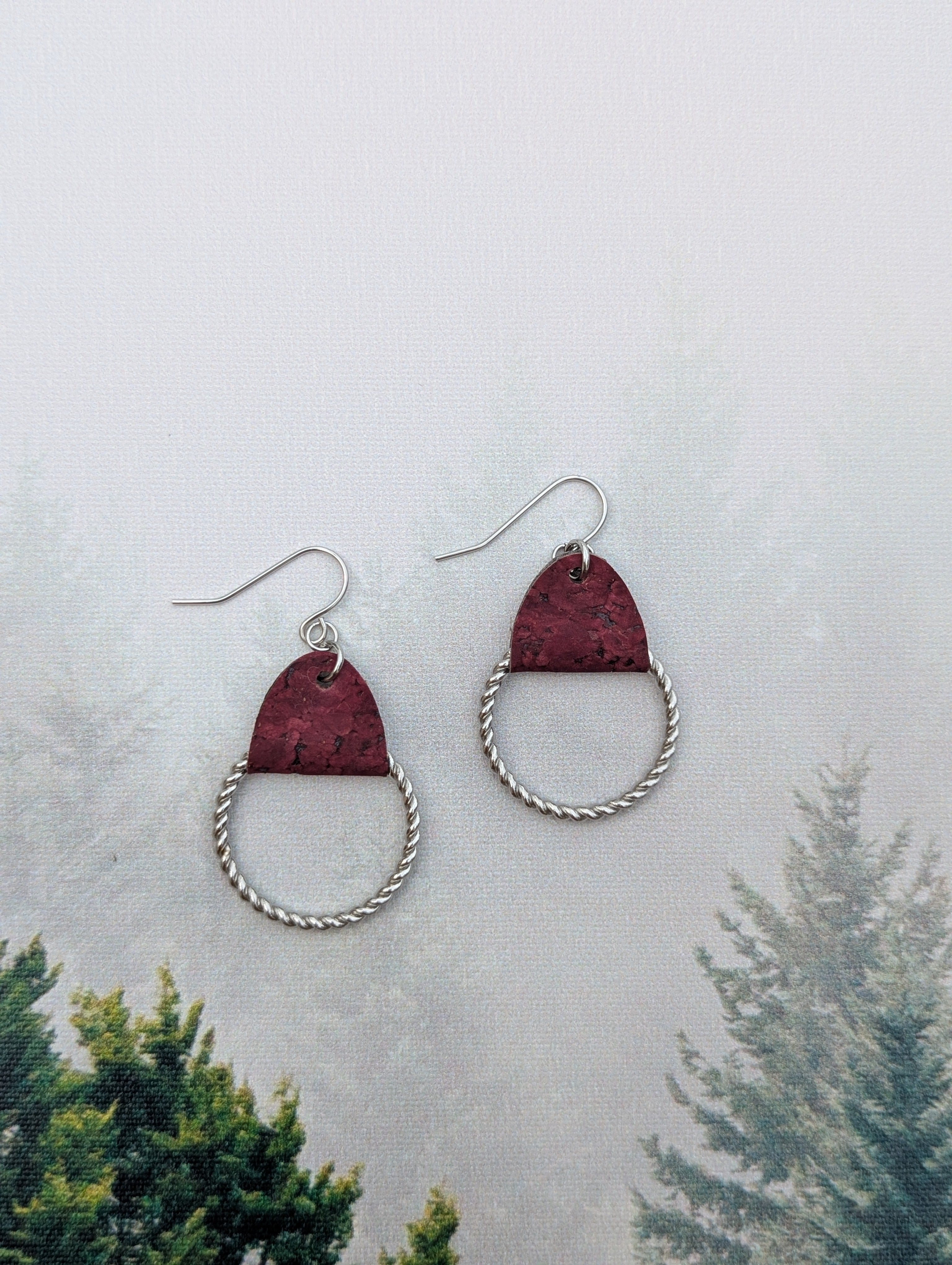 Cork Earrings-Twisted Hoop w/Maroon Cork Fabric