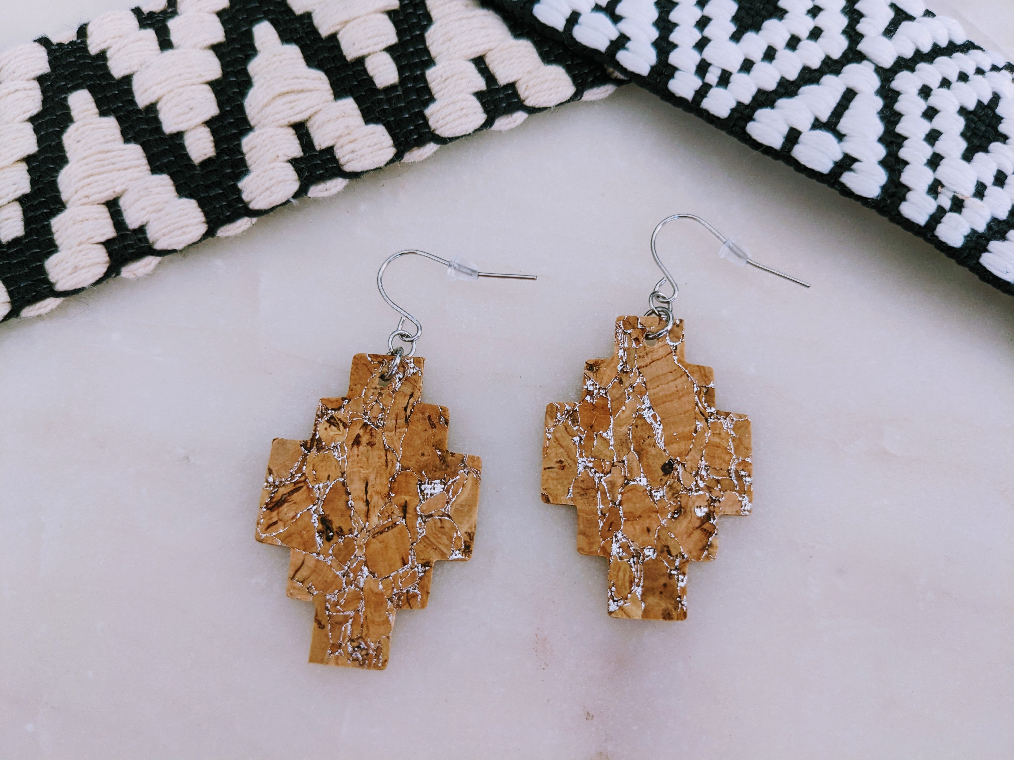 Cork Earrings-Aztec Silvered