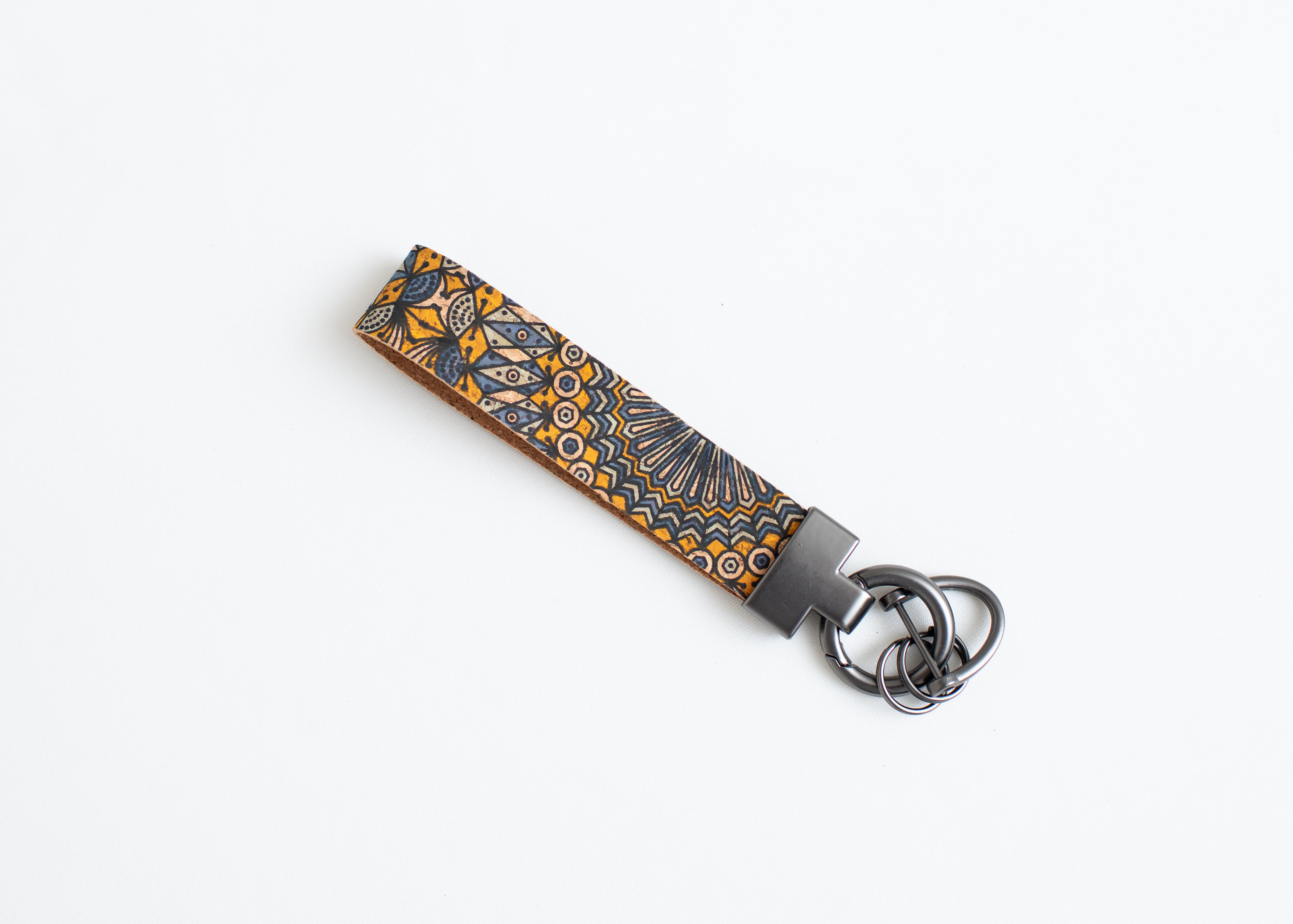 Cork Key Chain w/FOB attachment--Blue & Yellow Pattern