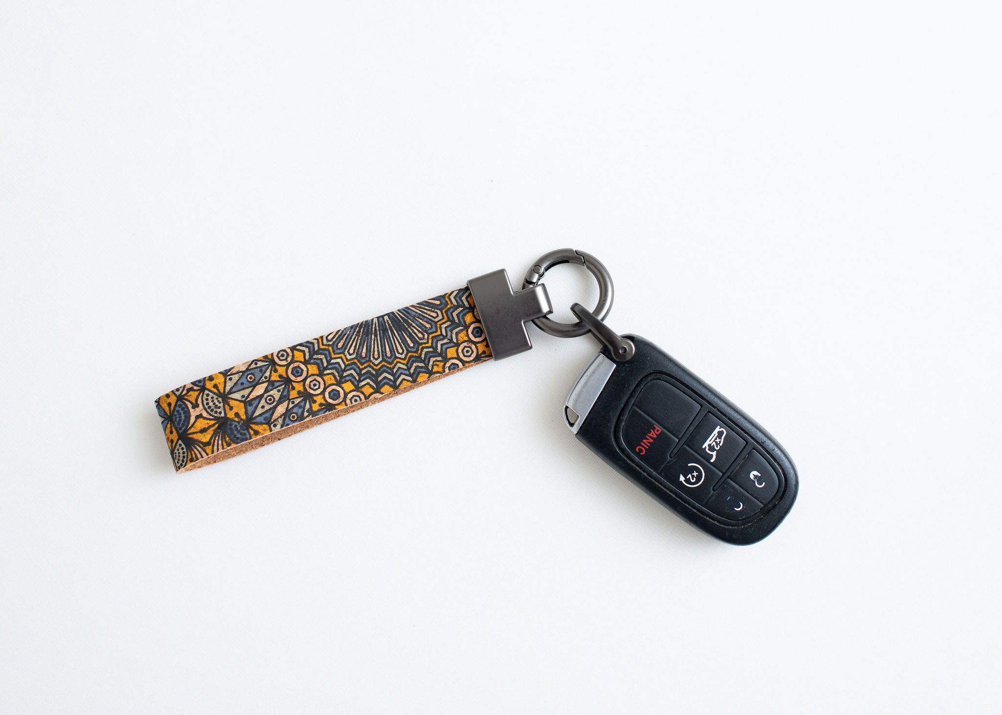 Cork Key Chain w/FOB attachment--Blue & Yellow Pattern