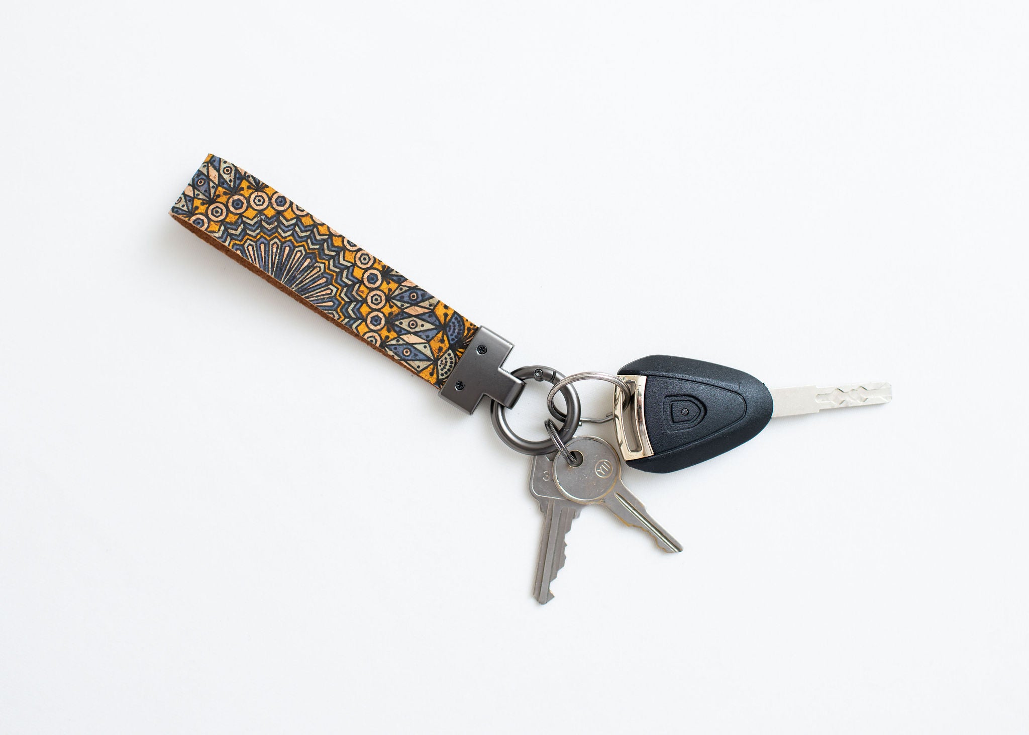 Cork Key Chain w/FOB attachment--Blue & Yellow Pattern