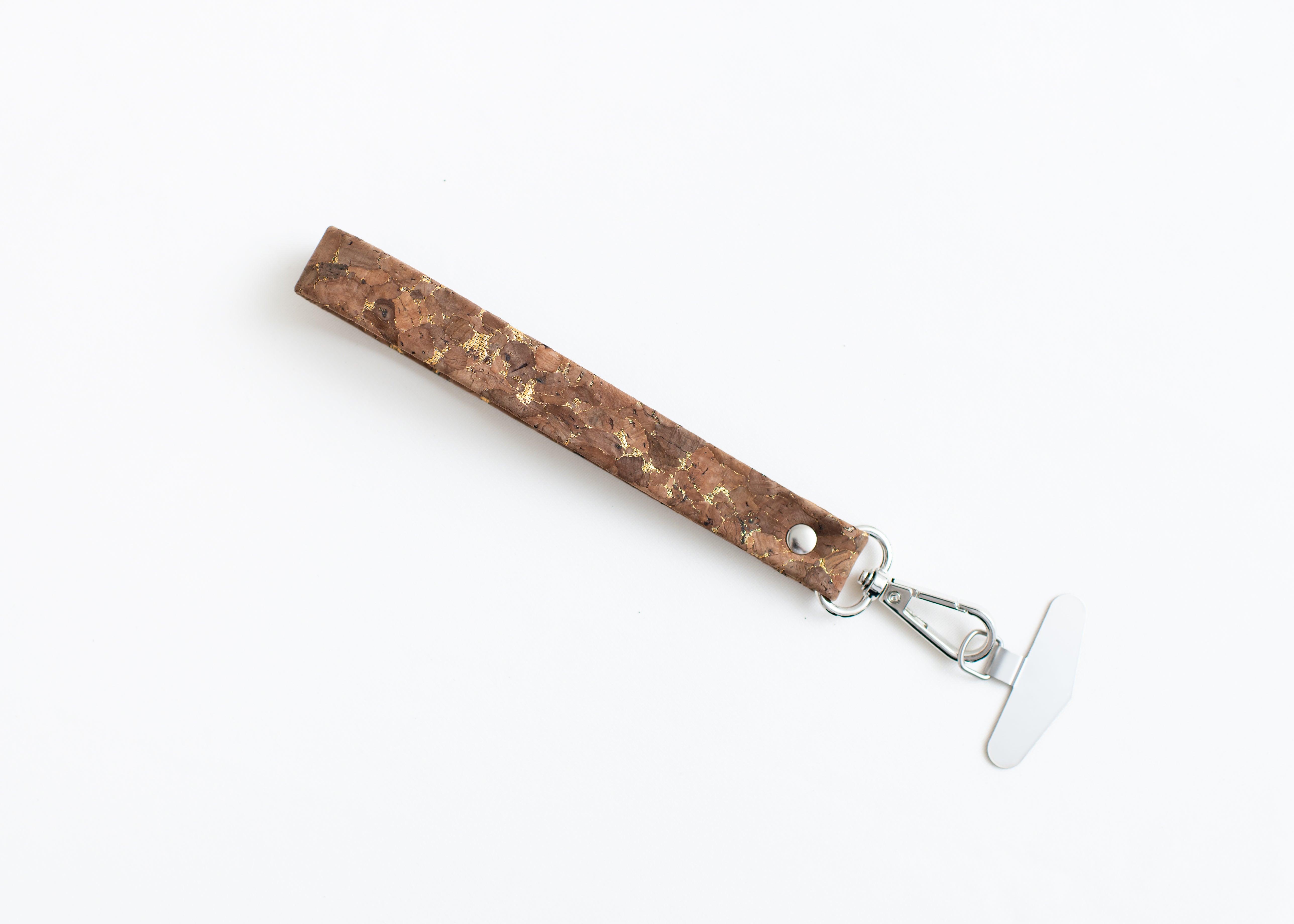 Cork Phone Wristlet Strap w/tether tab attachment--Brown w/Gold