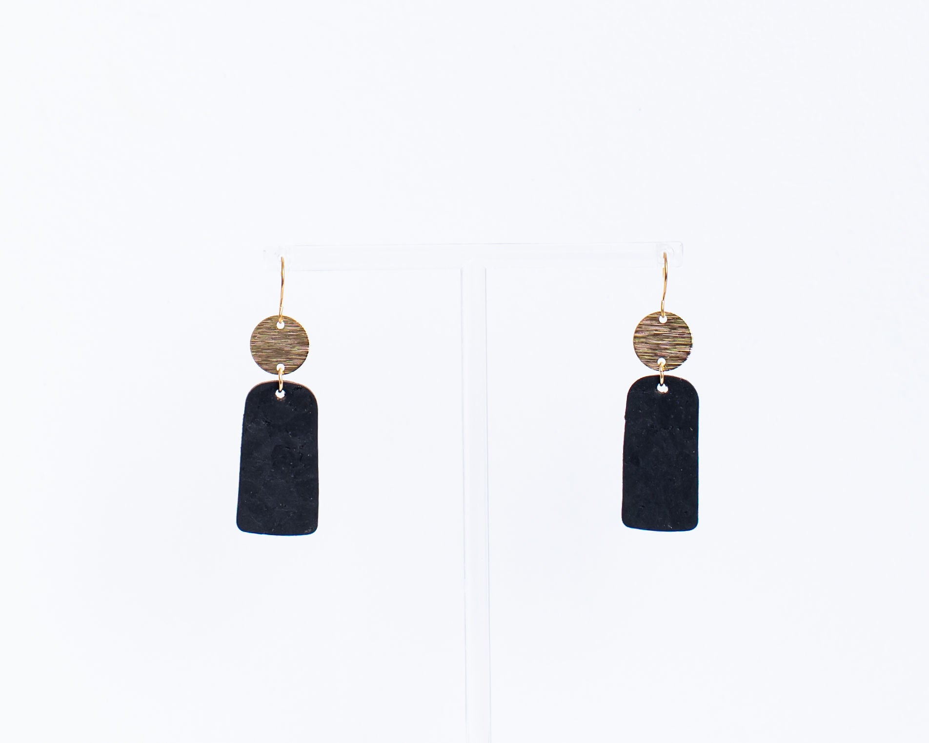 Cork Earrings-Gold w/Black Cork Bar Dangle