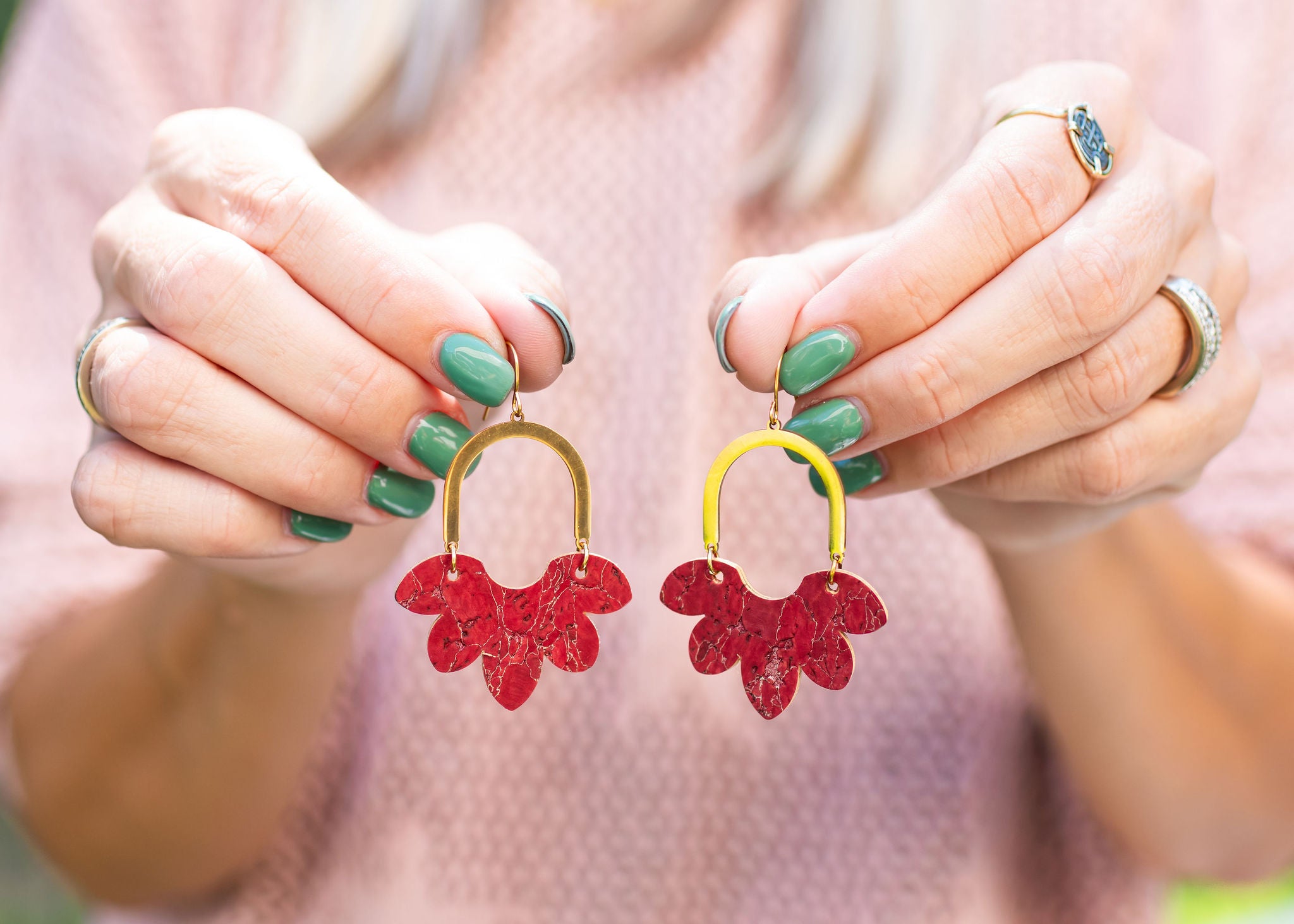 Cork Earrings-Split Flower Red