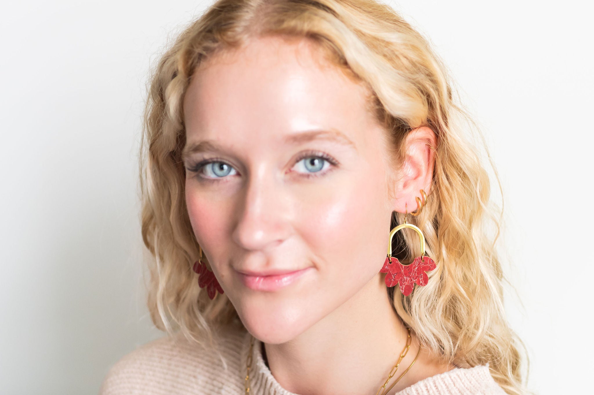 Cork Earrings-Split Flower Red