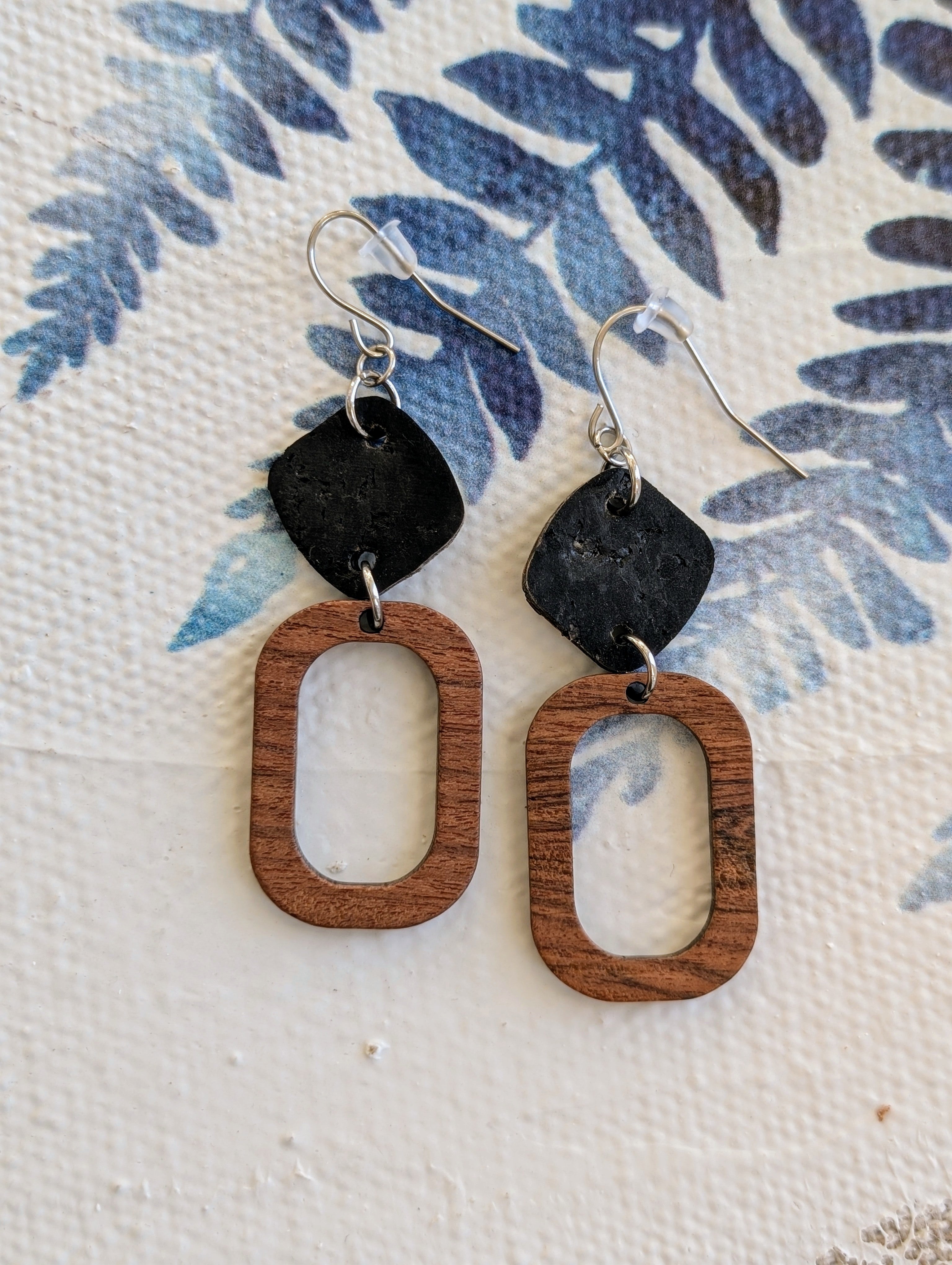 Cork Earrings-Wood w/Black cork Diamond