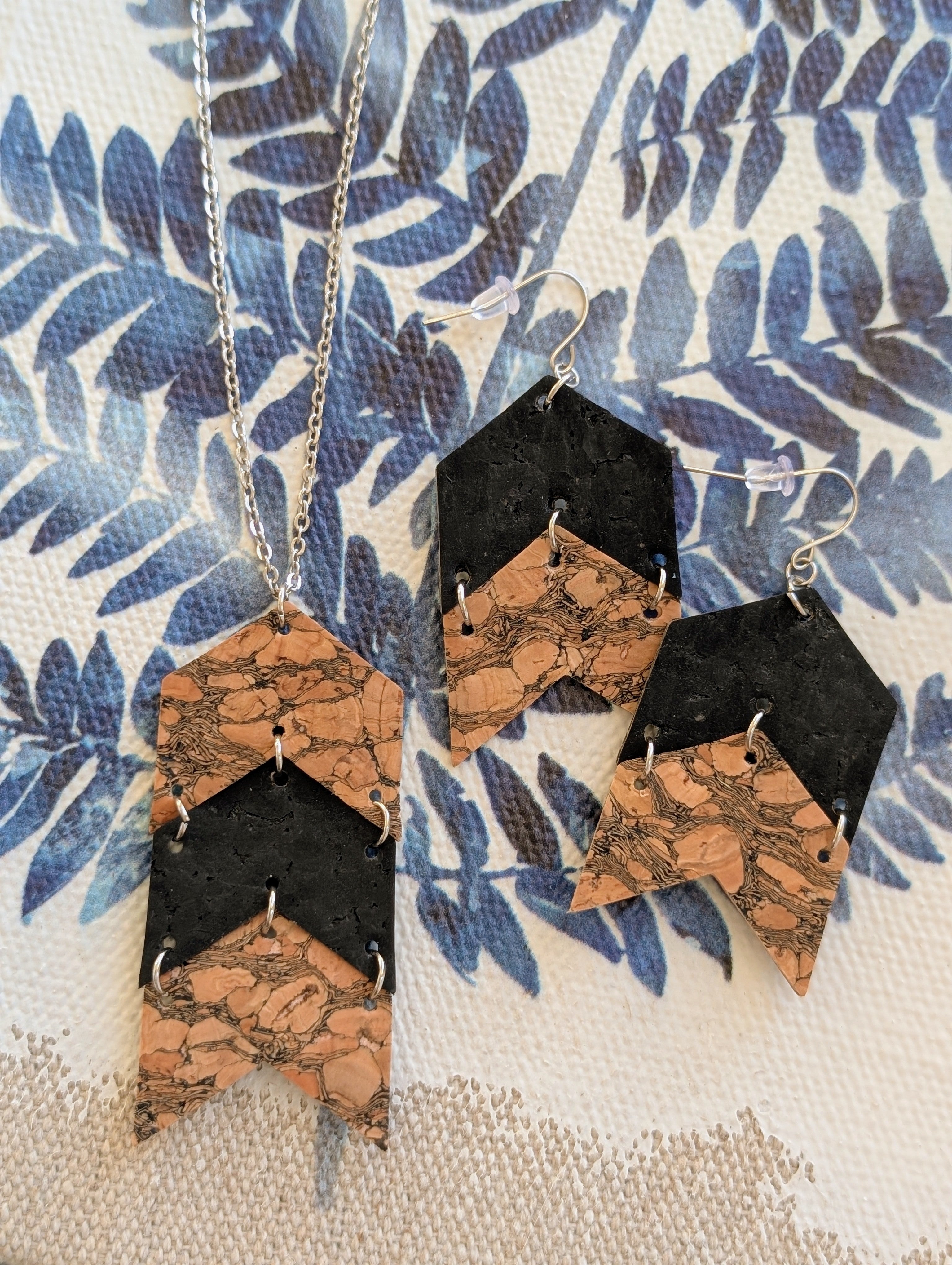 Cork Earrings-Chevron Marbled & Black