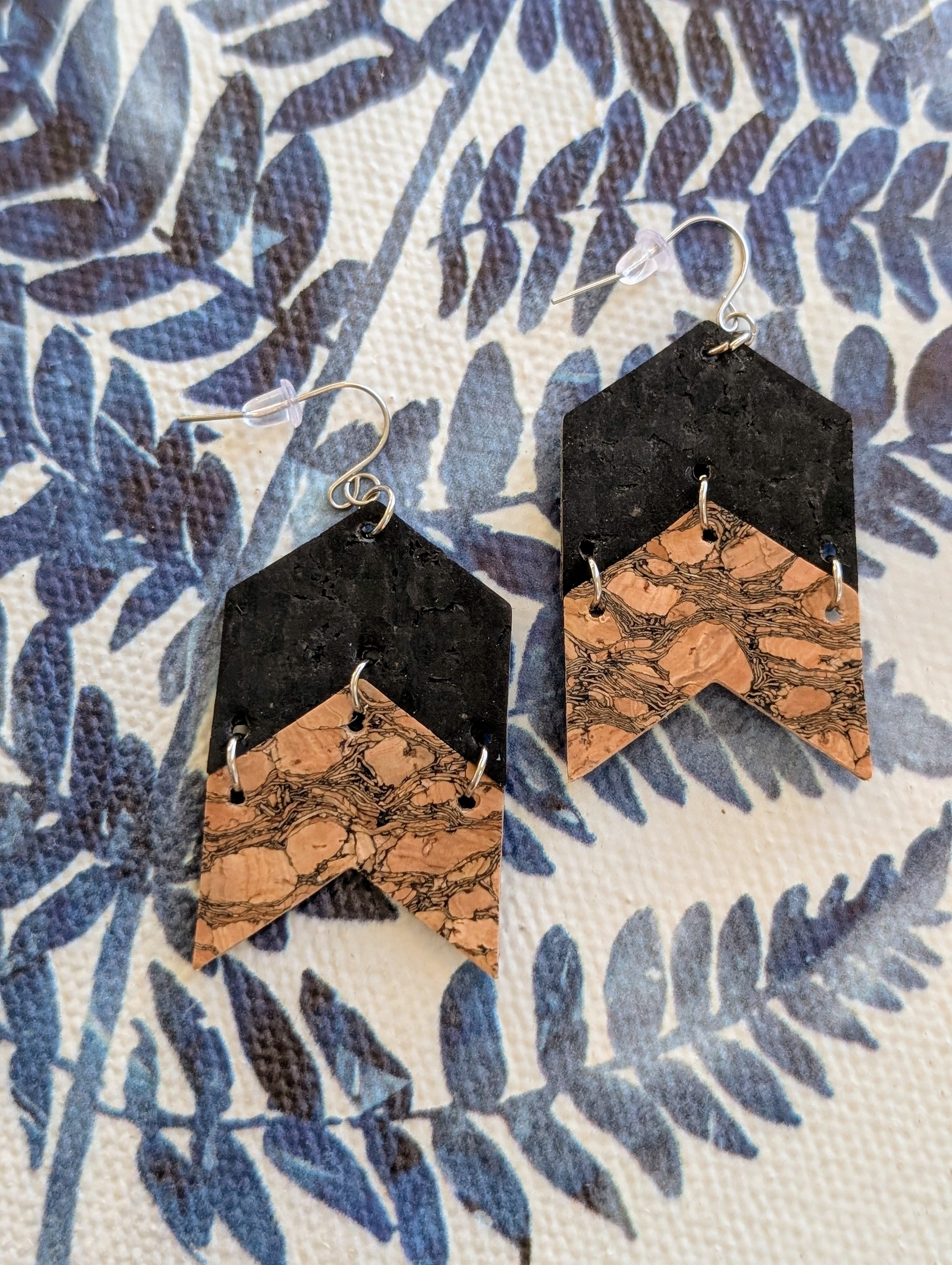 Cork Earrings-Chevron Marbled & Black