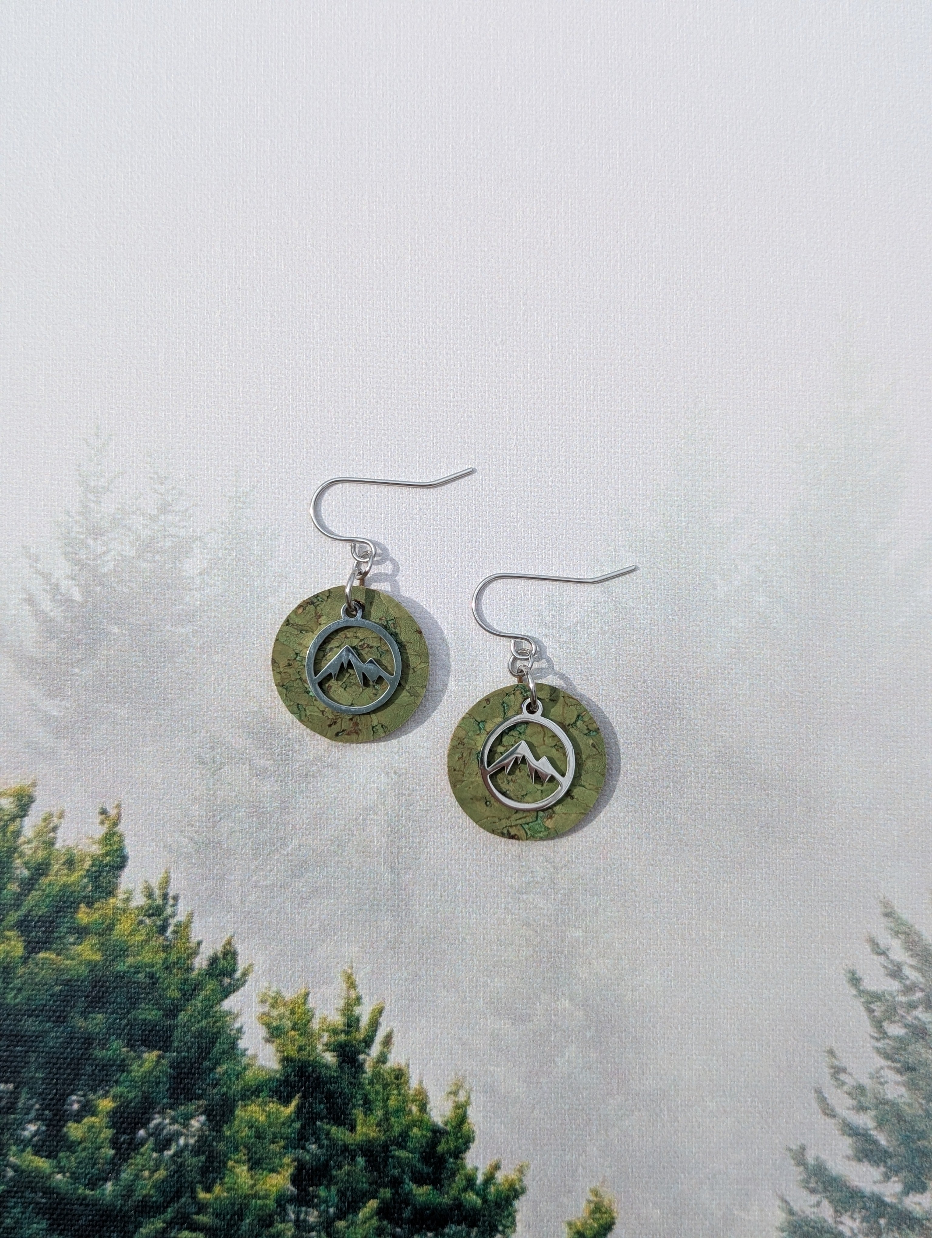 Cork Earrings - Small Round Green W/ Mountain Charm