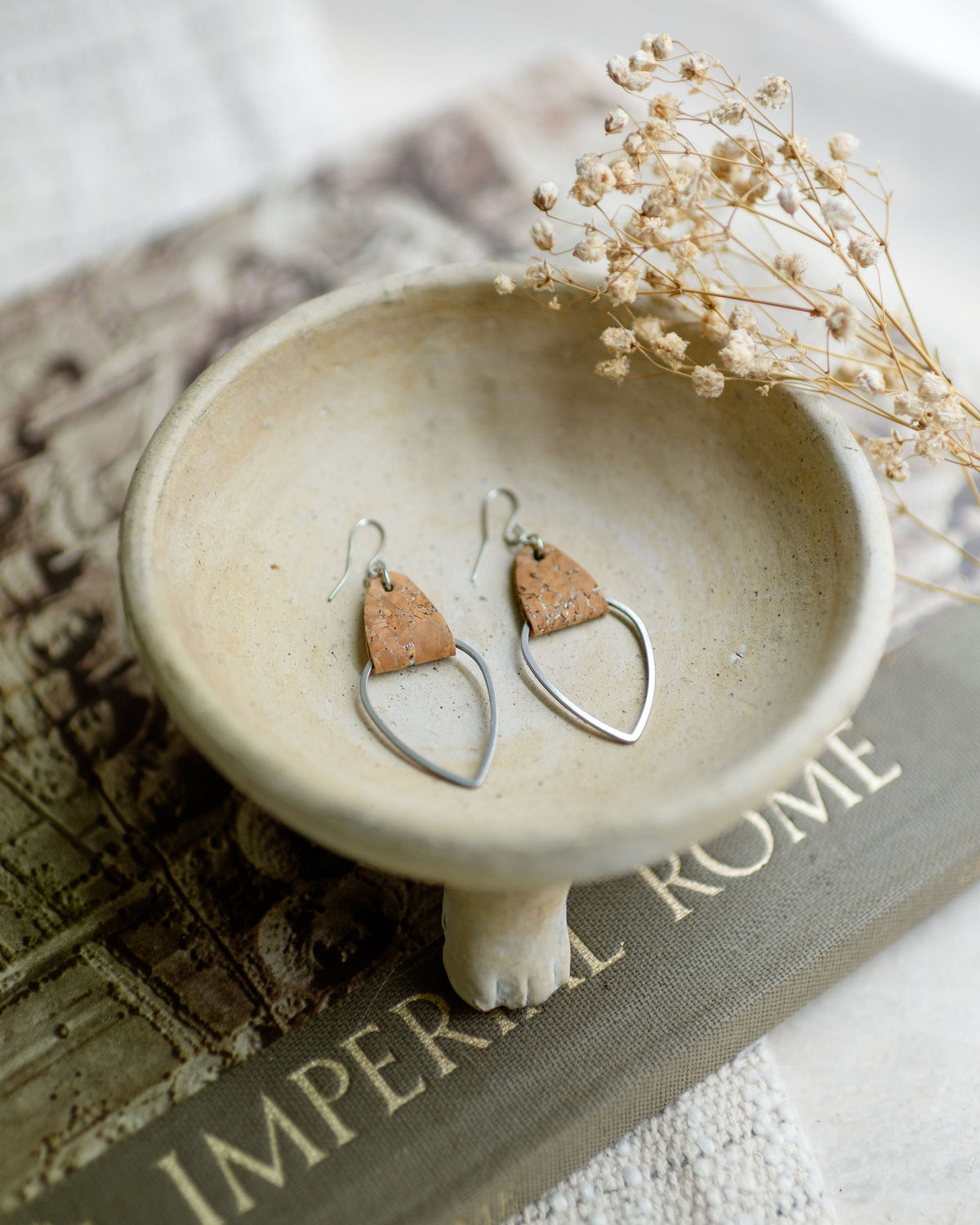 Silver Tear Drop w/Silvered Cork Earrings