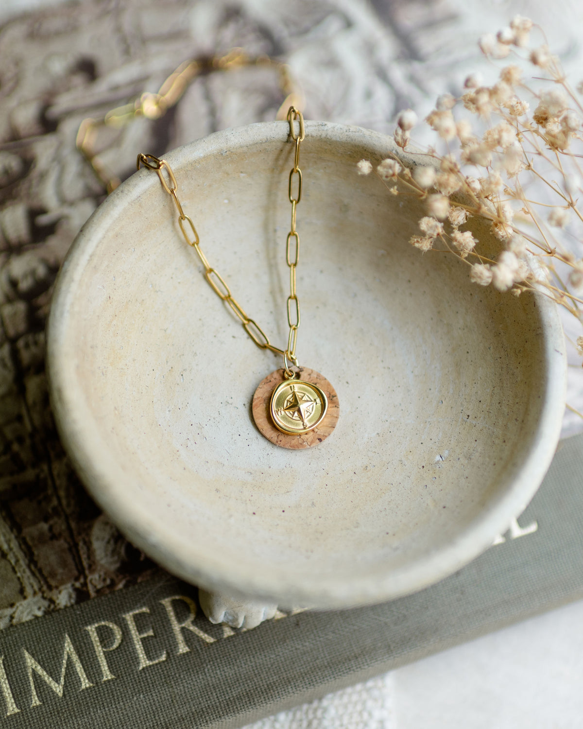 Paperclip w/Gold Compass Charm Necklace