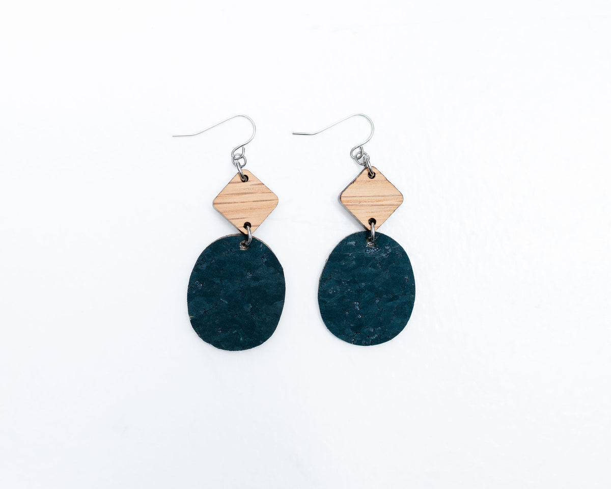 Teal Oval W/ Oak Wood Earrings