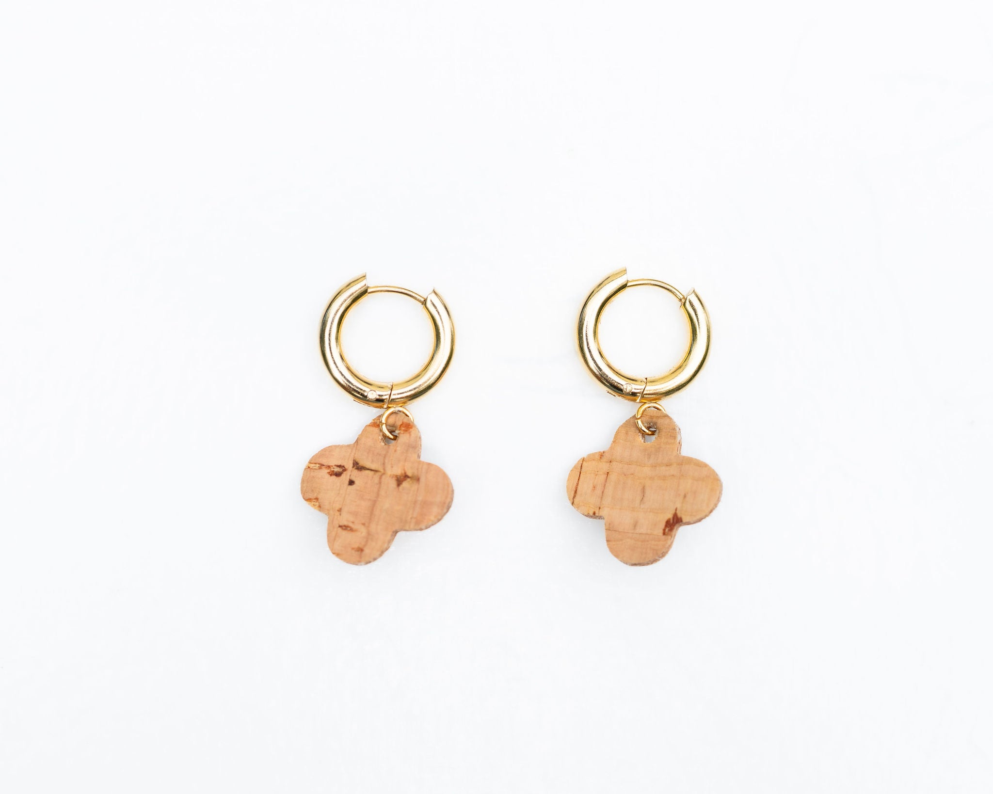 Cork Earrings-Clover Dangle Huggie w/Natural Cork