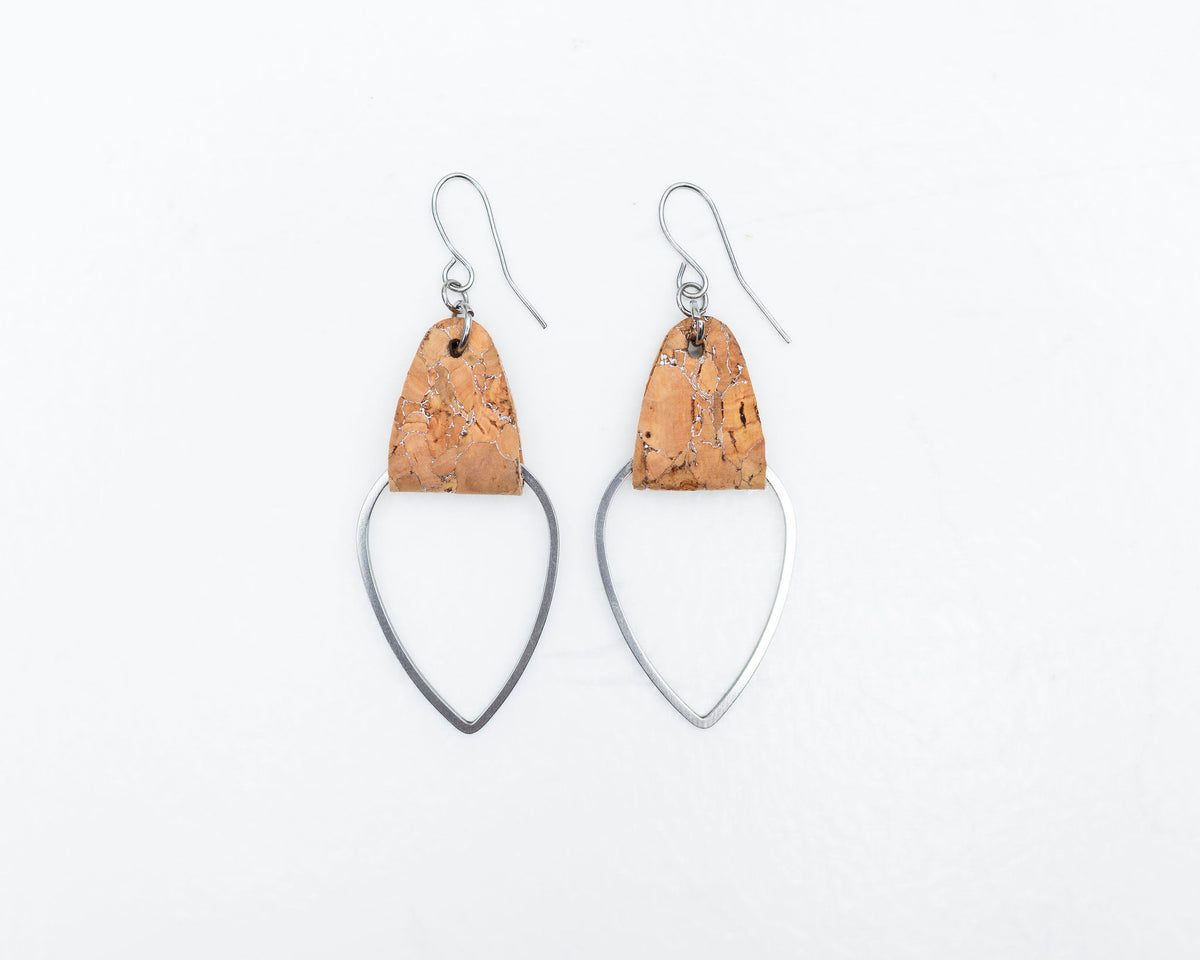 Silver Tear Drop w/Silvered Cork Earrings