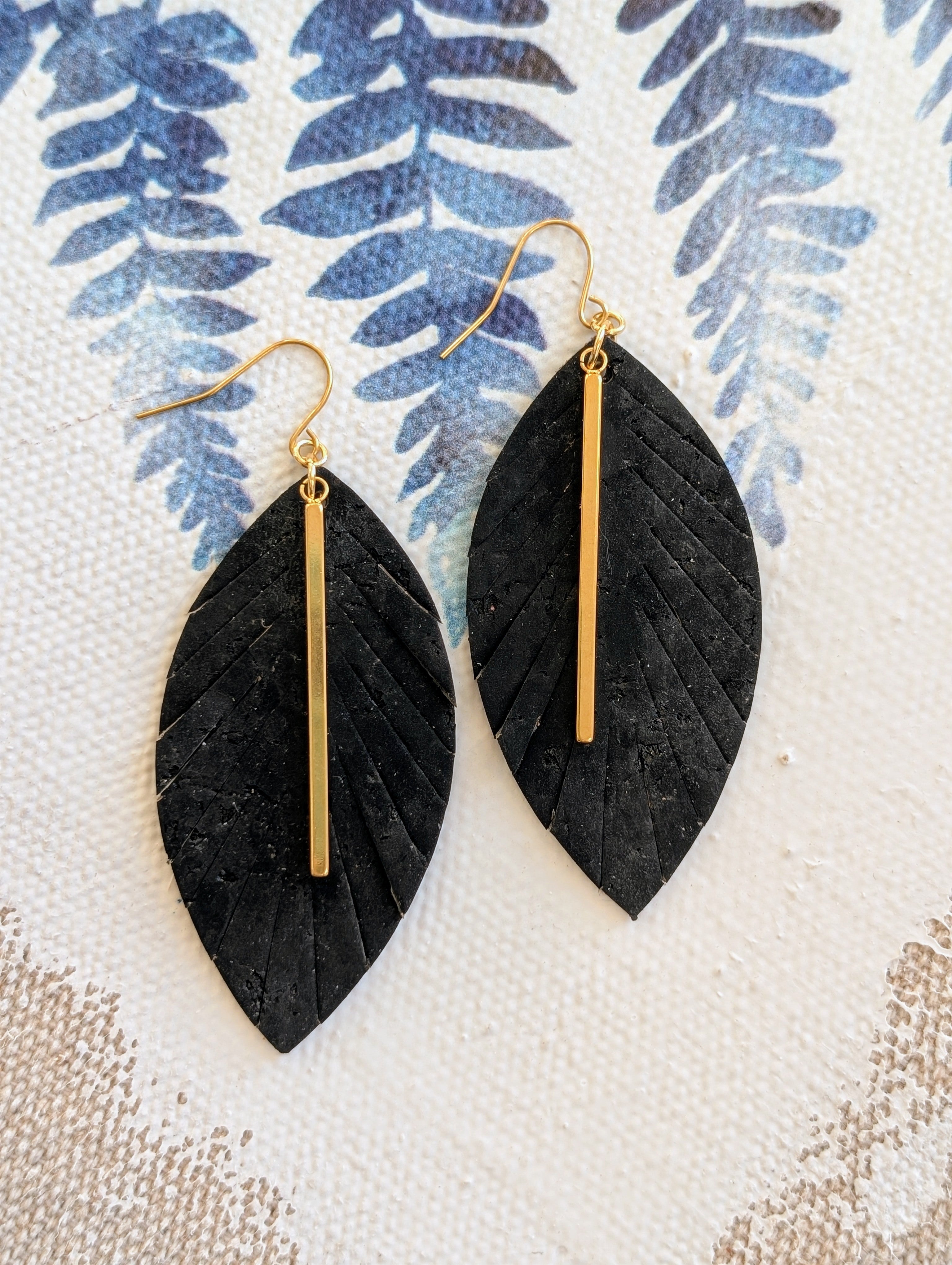 Cork Earrings - Fringe Black W/ Gold Bar