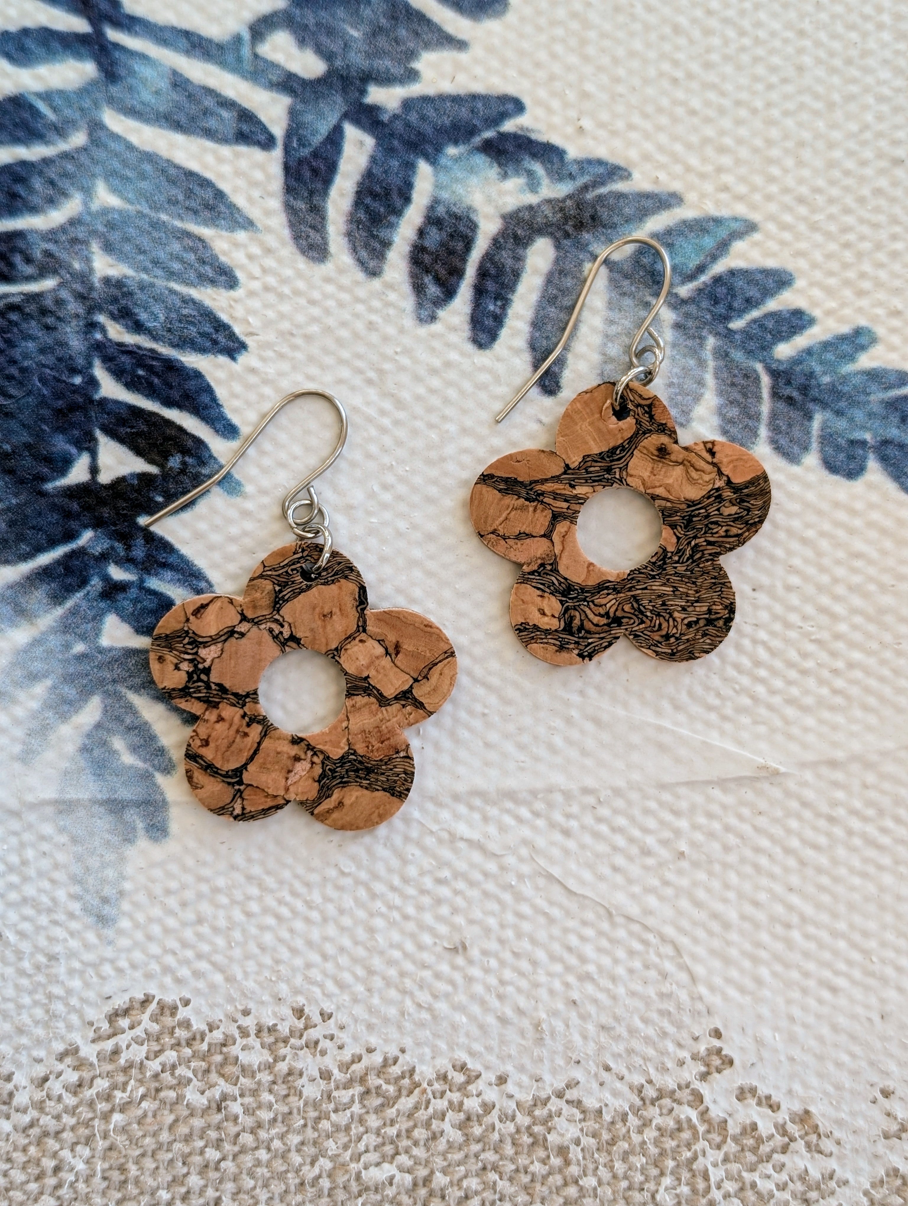 Cork Earrings-Marbled Cork Flower